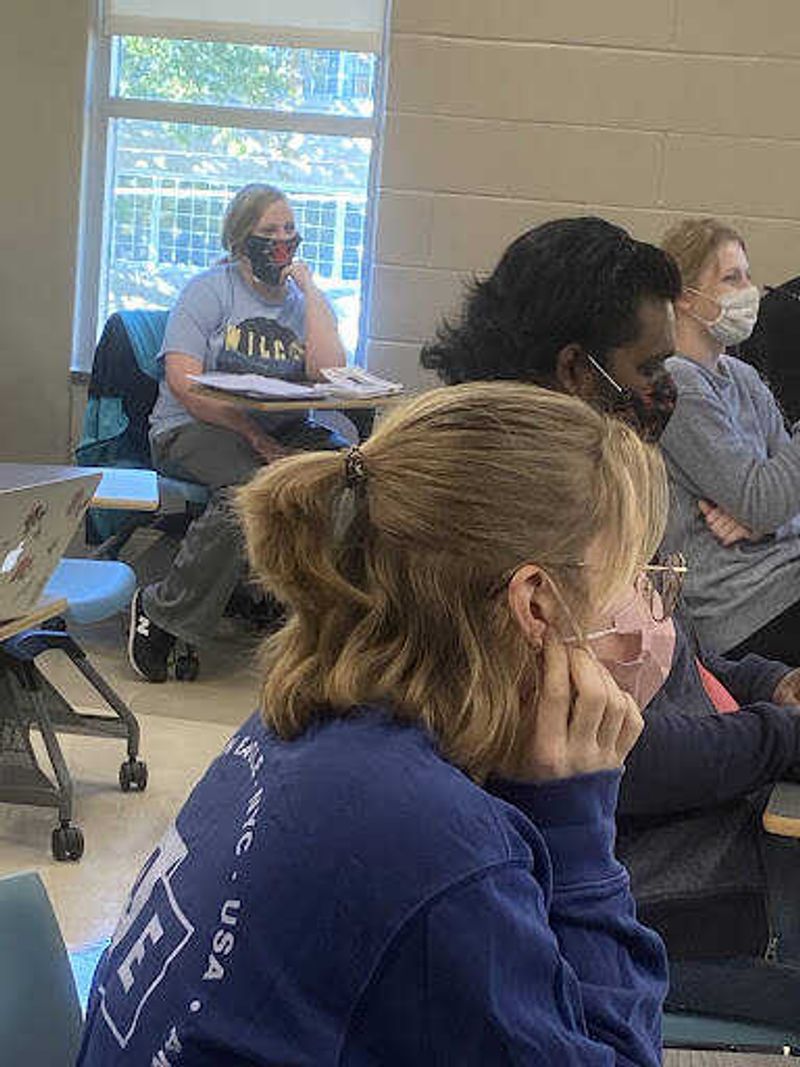 Education sophomore Hannah Witty(in front) and Education junior, Amelia Mathena listening to a lecture by Dr. Rieger. English 201 is just one of the many English classes education majors have to take.