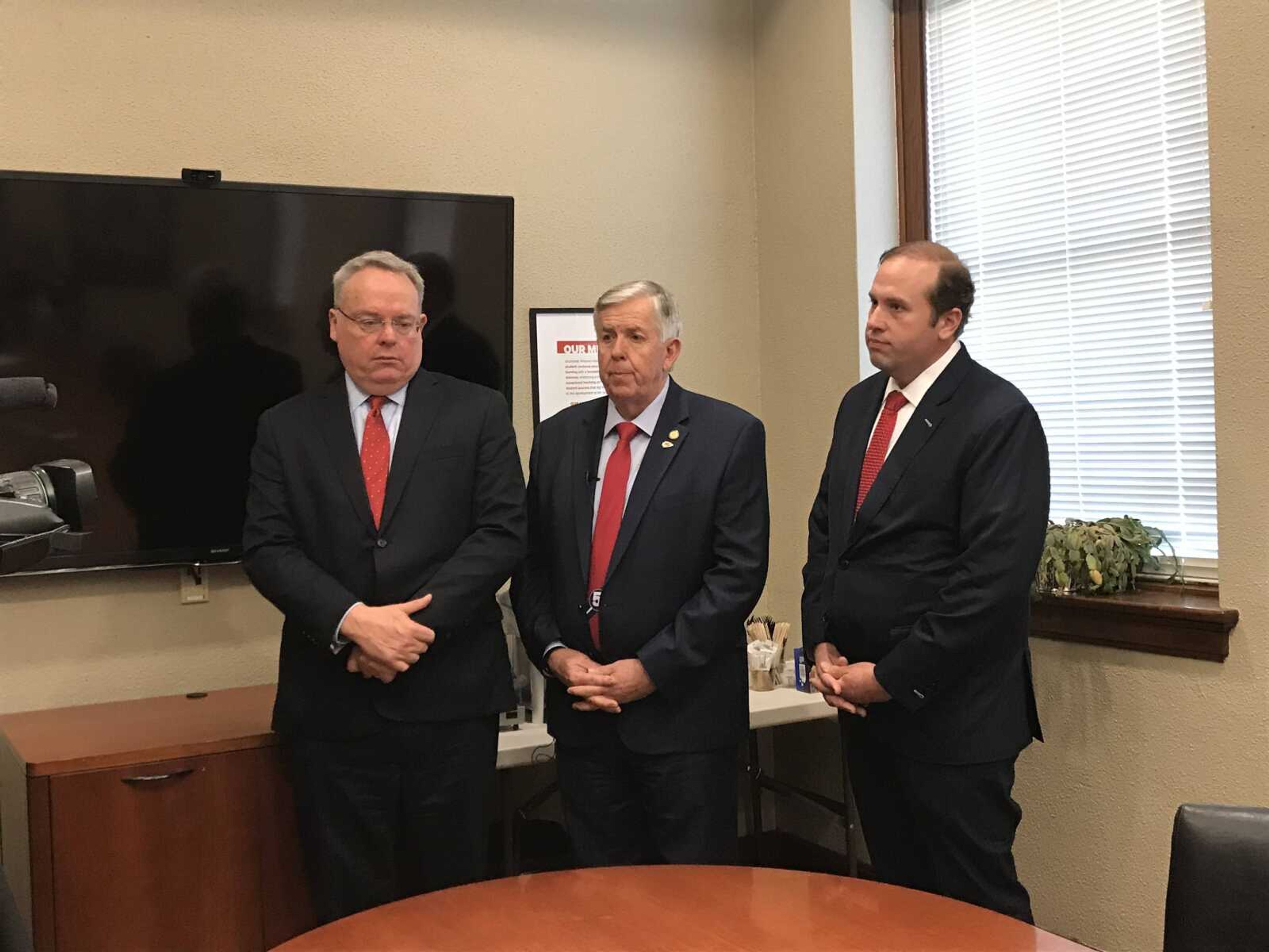 From left: White House Director of the Office of National Drug Control Policy Jim Carroll, Governor Mike Parson and U.S. Congressman Jason Smith hold a press conference following the Healthcare Roundtable at the Wehking Alumni Center on Southeast's campus on Wednesday, Feb. 19.