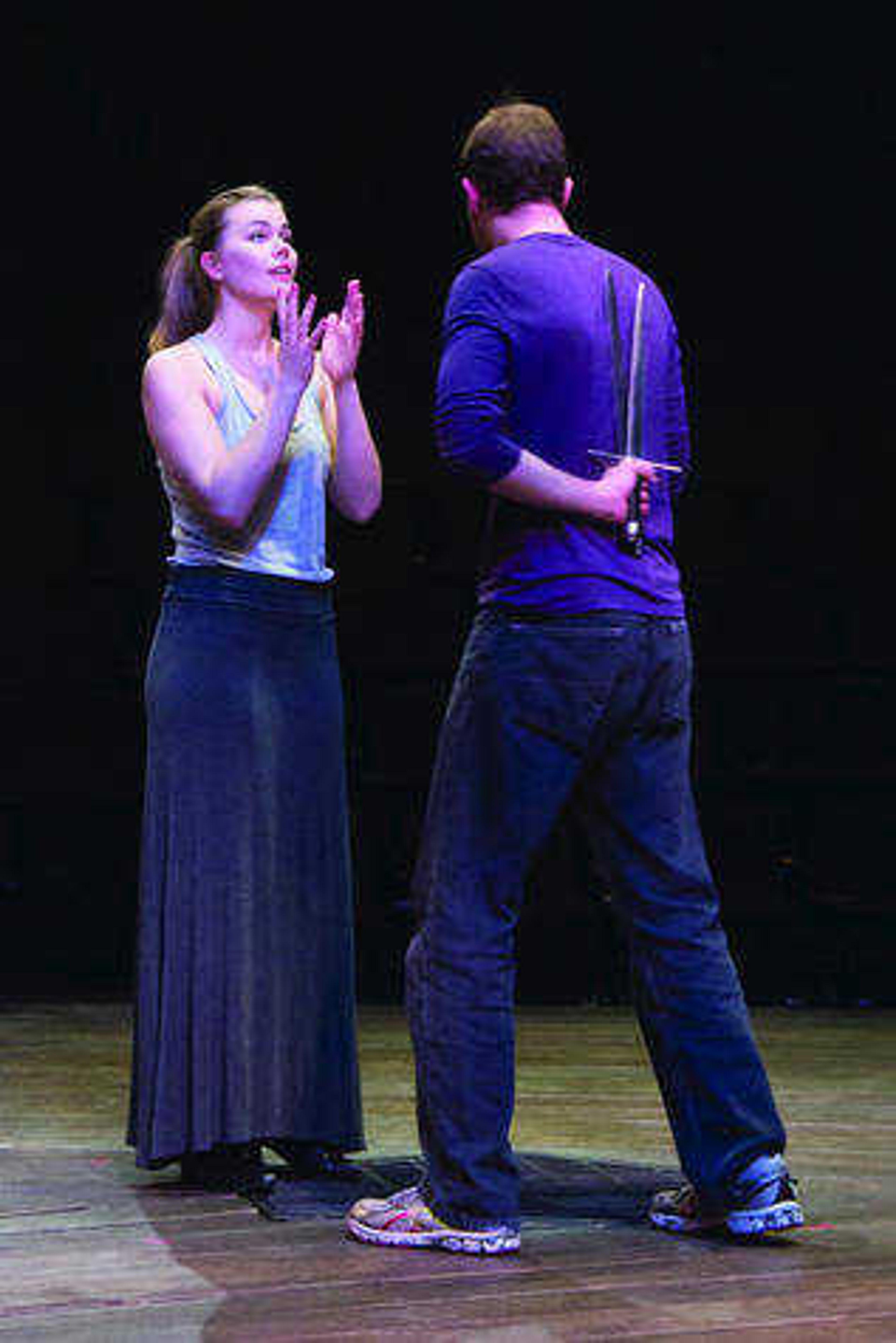Hannah Brake and Mason Brown run through a scene at a "Macbeth" rehearsal.  Photo by Zarah Laurence