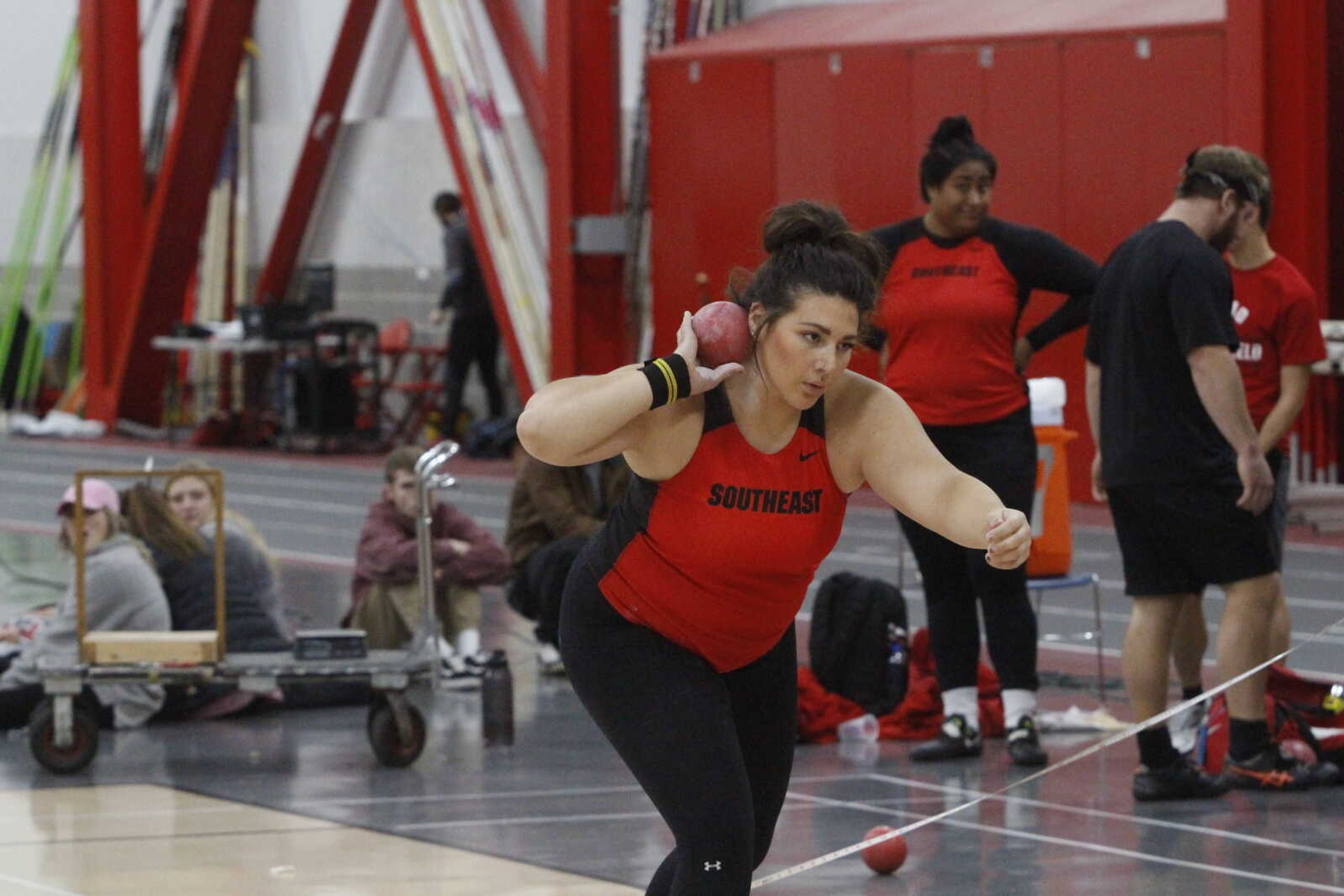 Freshman thrower Nicole Humphreys gets set to throw shot-put during the Redhawks home track meet against SIUE on Dec. 7.