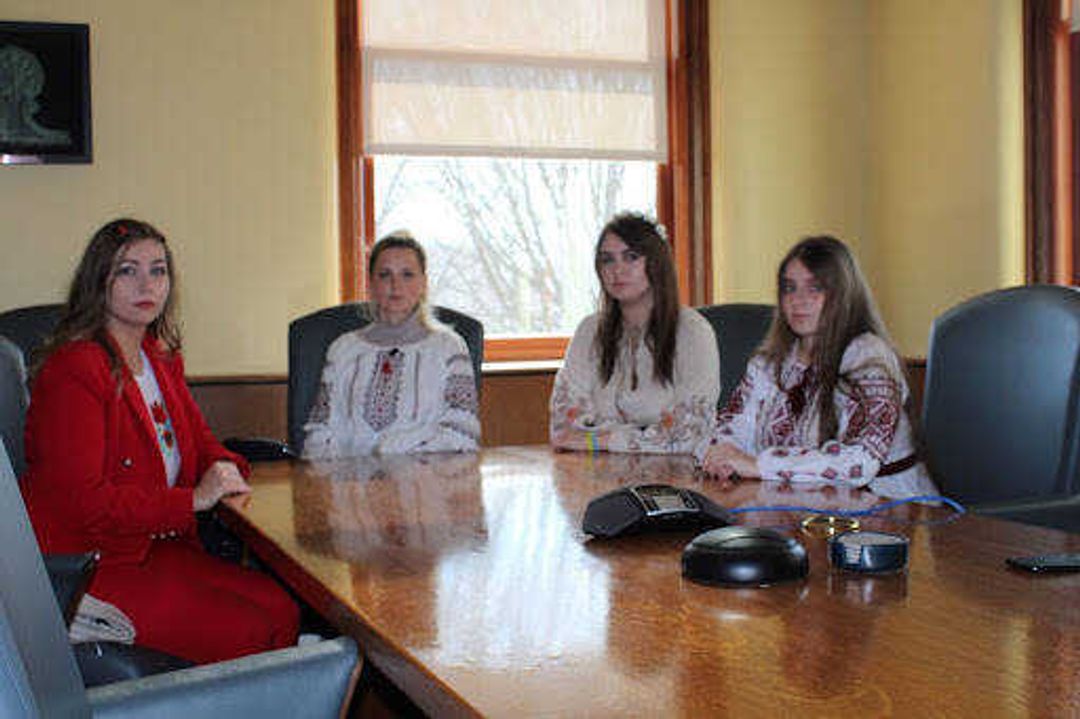 Three of the students  Yulia Petlinska (left), Viktoriia Kisil (center right), and Tetiana Dronova (right), are working towards their Master's degree in TESOL, in a partnership with Ukrainian Vinnytsia State Pedagogical University. The two schools have collaborated since 2013. Daria Hudymenko (center left) is a visiting student studying music at SEMO for one semester. She said the outcome of the conflict will not only affect Ukraine, but also the Democratic world at large.