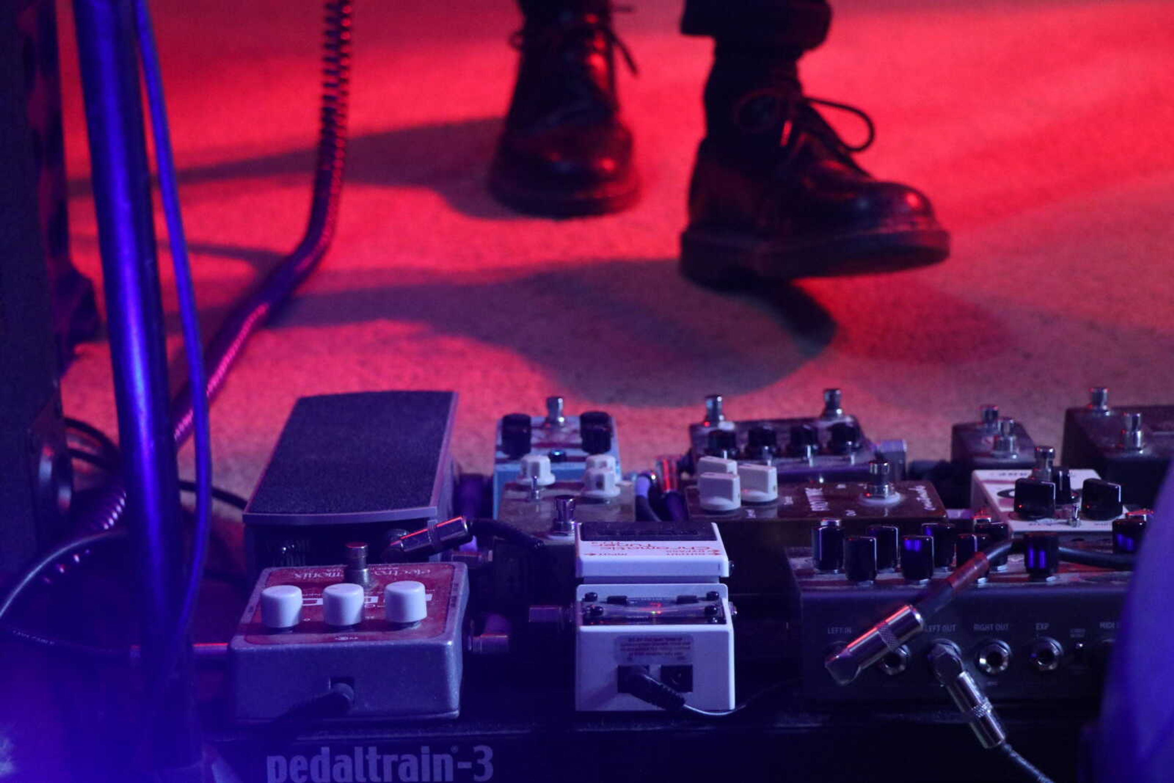 The pedal board of Retro City guitar player Taylor Bridges.
