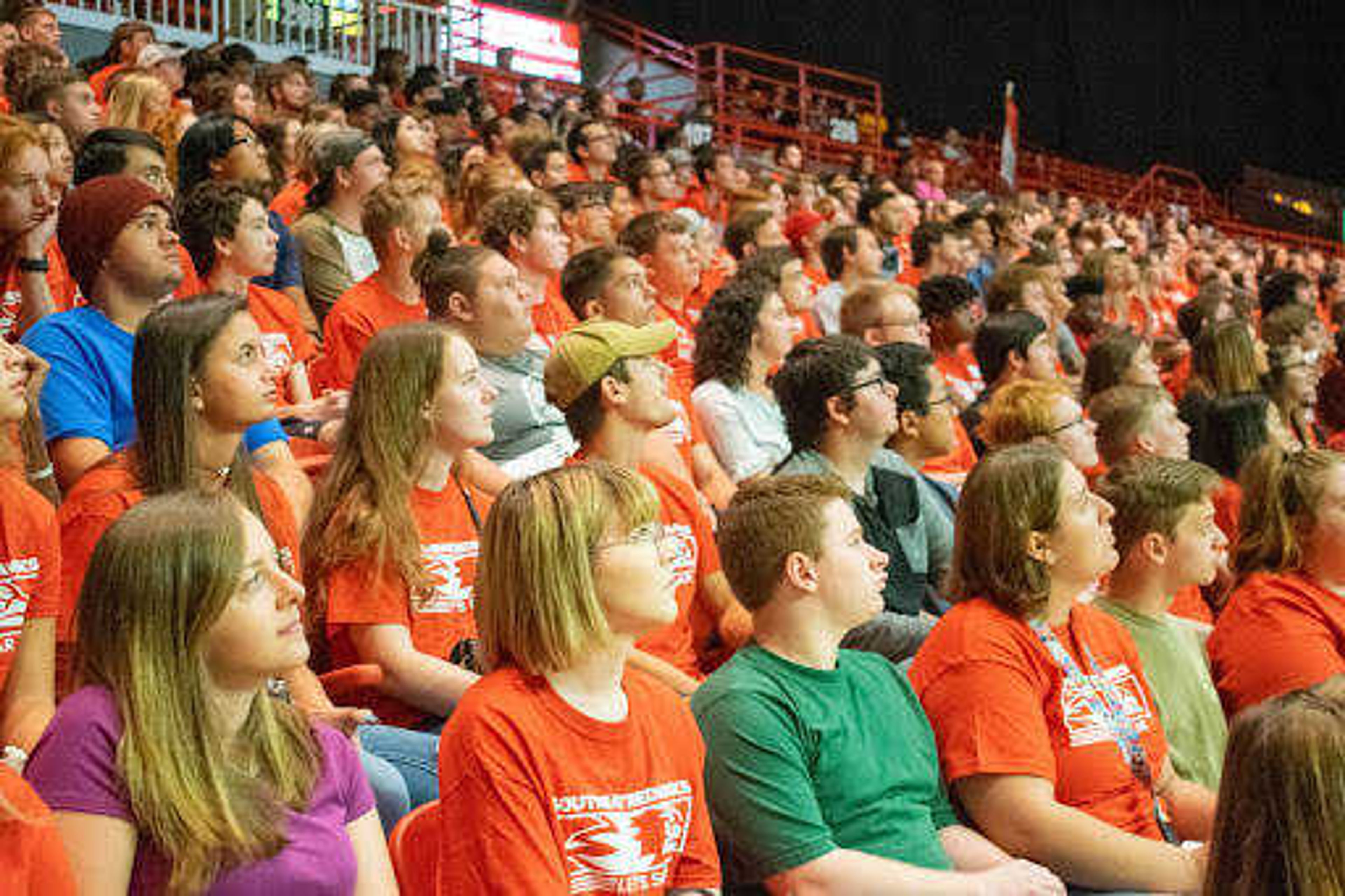 Students look up at convocation in the Show Me Center on August 16.