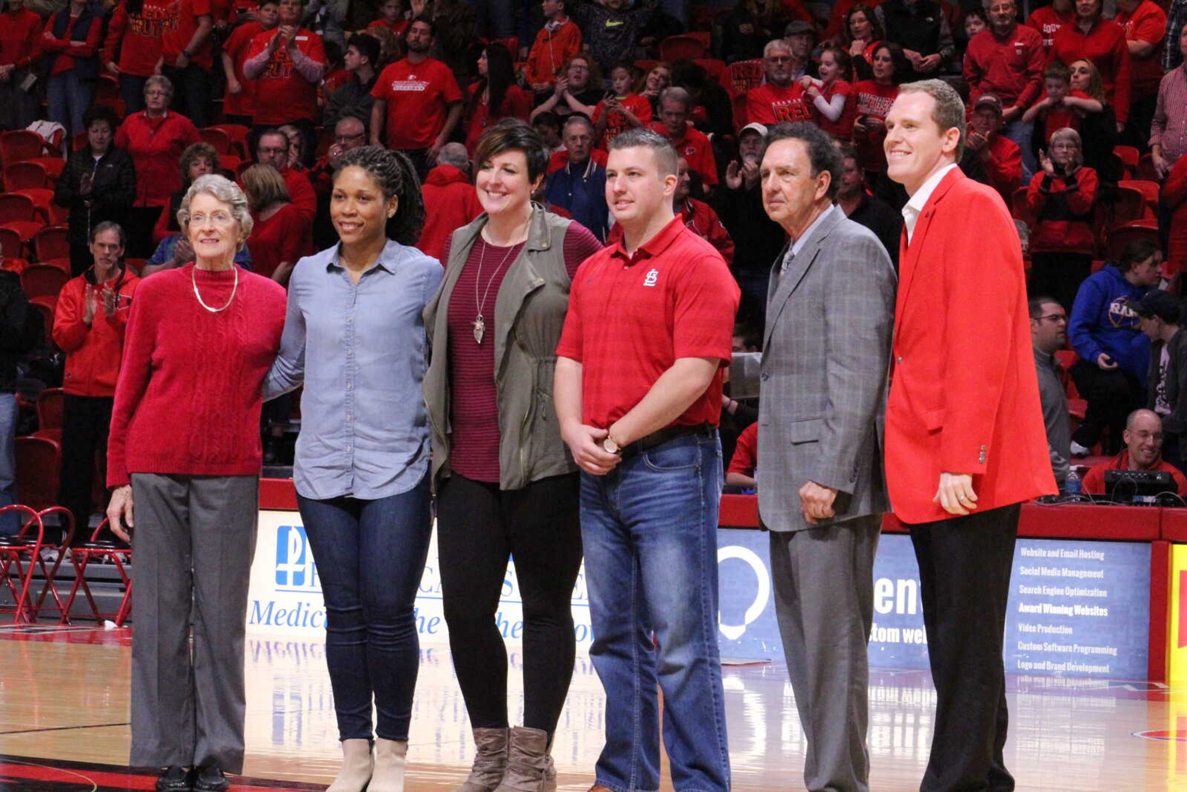 Southeast Missouri State's newest inductees to the Hall of Fame were announced at halftime of the Southeast men's basketball game Saturday Feb. 4. Left to right, Judy Holcomb (Friends of the Redhawks), Heather Jenkins (Track & Field, 2002-2006), Lea Nenninger (Volleyball, 1998-2000), Jim Klocke (Baseball, 2007-2010) and Ron Shumate (Men's Basketball Coach, 1981-1997). Also inducted and unable to make the game was Eddie Moss (Football, 1970-1971).