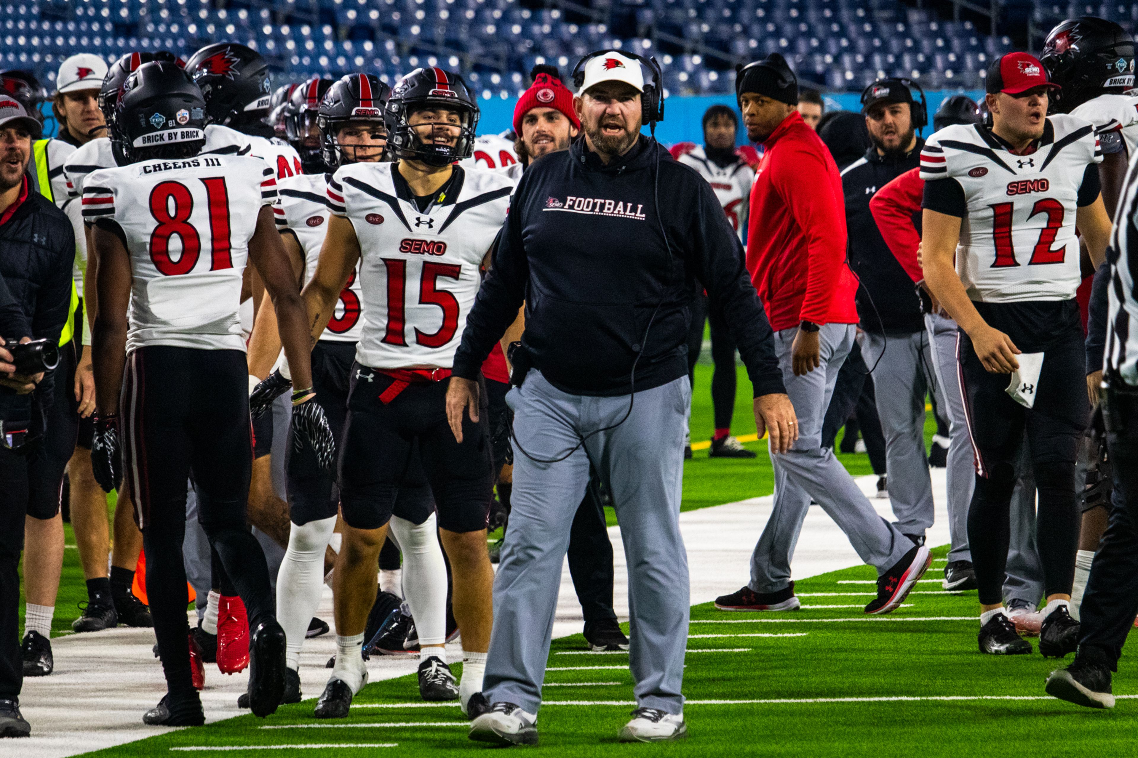 Head coach Tom Matukewicz and the rest of the SEMO football team celebrate after a touchdown against TSU.