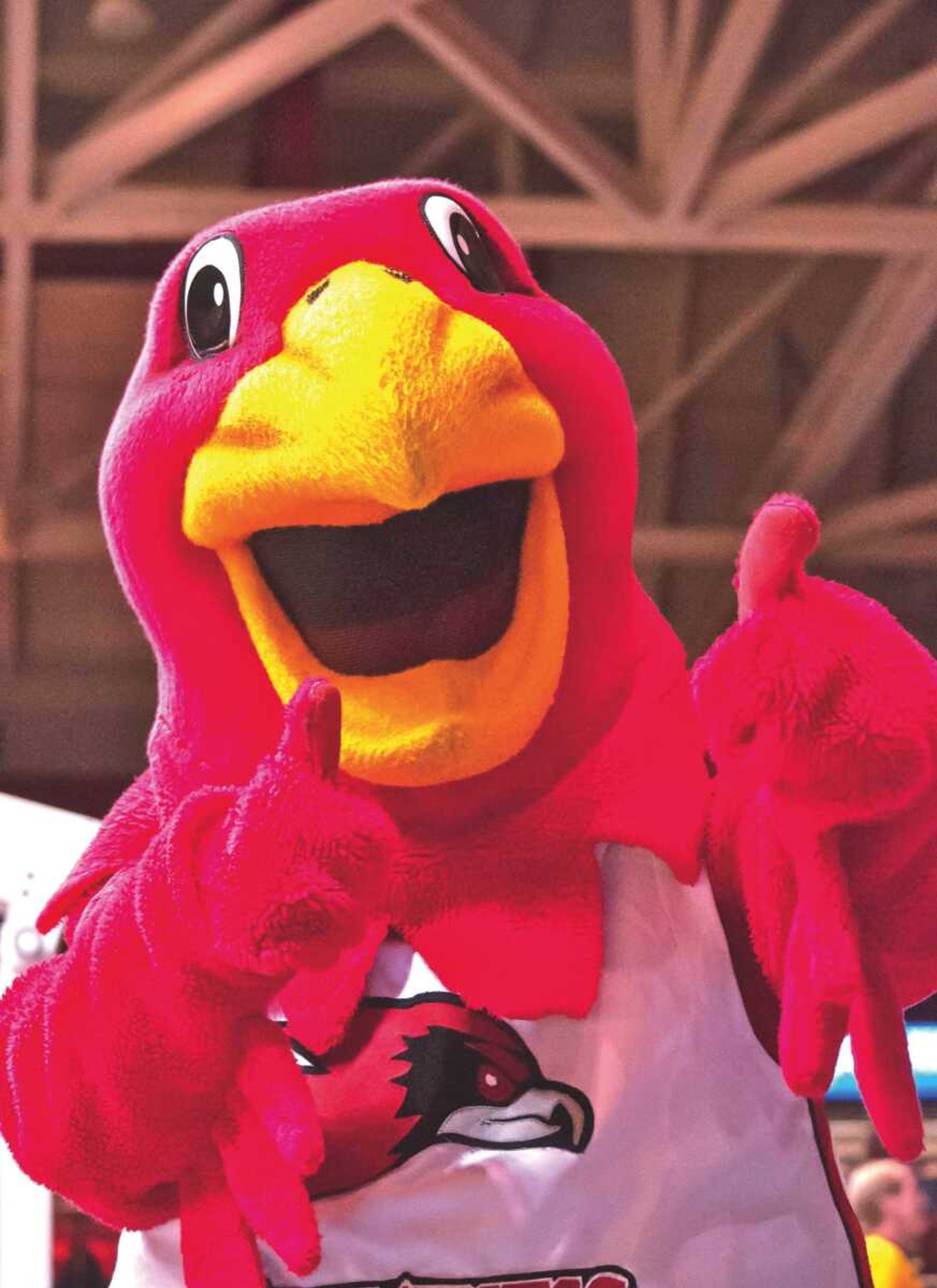 Rowdy the Redhawk shows his school spirit at a Southeast men's basketball game. Auditions for Rowdy are open to students year-round.