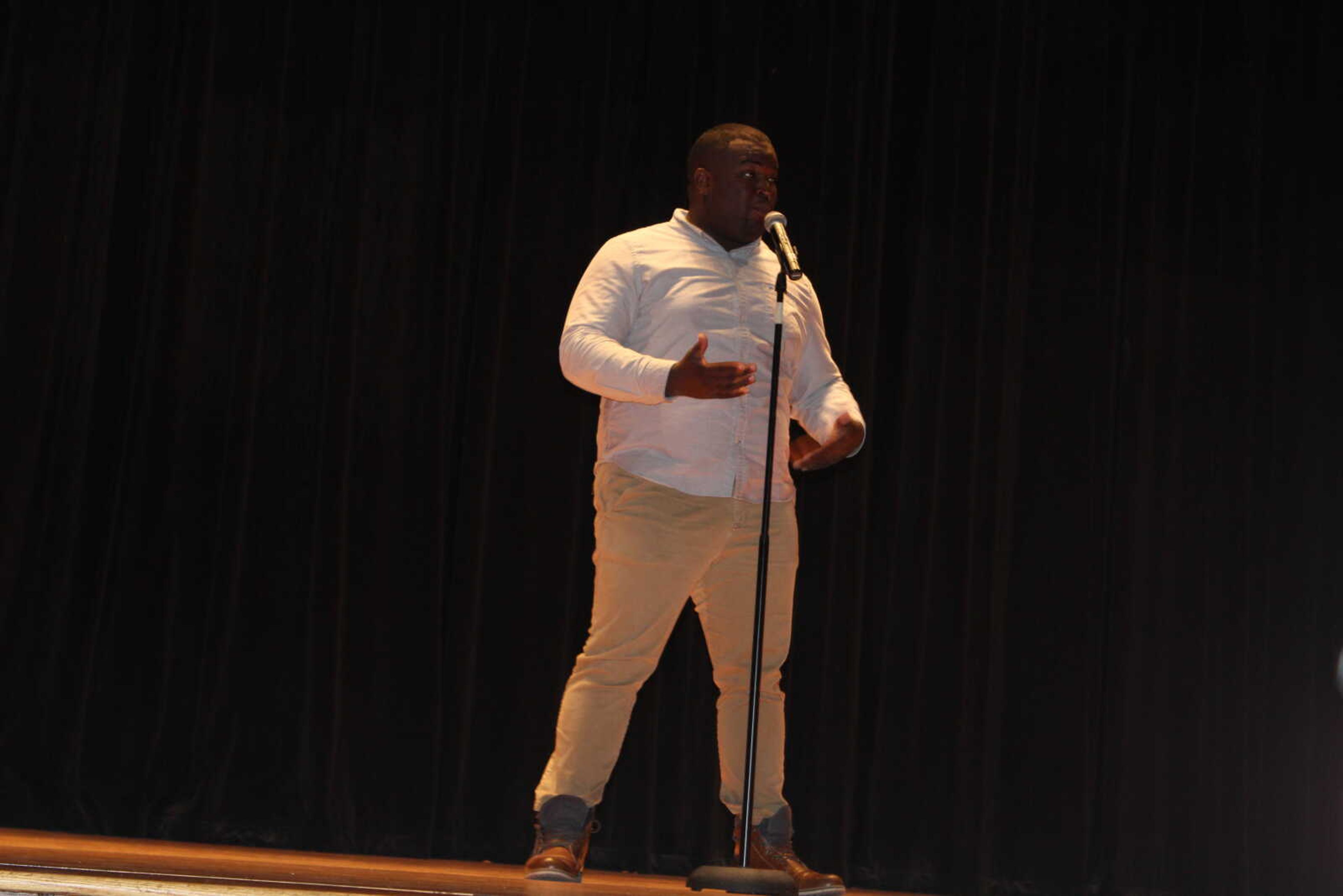 Senior Keyeon Pitts sang "My Shot" from the Broadway musical "Hamilton" at the Homecoming Planning Committee's annual talent show at 7 p.m. on Nov. 2 in the Academic Hall auditorium.