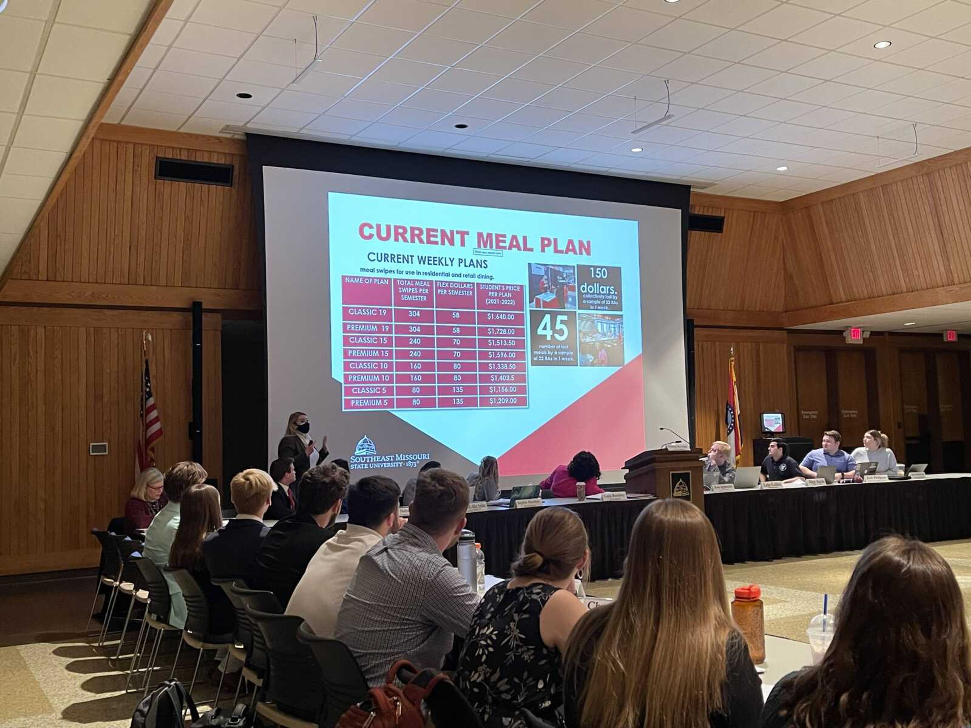 Chartwells Director of Marketing and Student Engagement Alicia Ticer presents expected changes to dining services for the fall 2022 semester. Student Government Association has senators from each college on campus, advocating for their constituents.