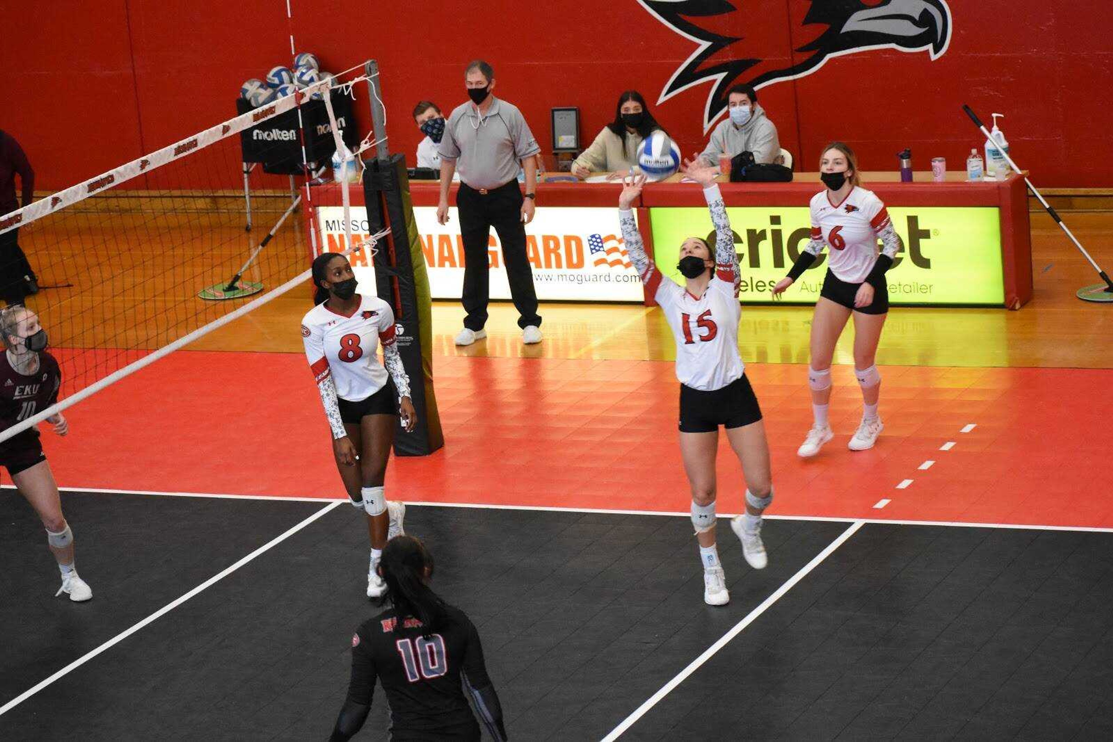 Junior setter Claire Ochs sets the ball during a pair of four set wins for Southeast over EKU on Feb. 14 at Houck Field House in Cape Girardeau.