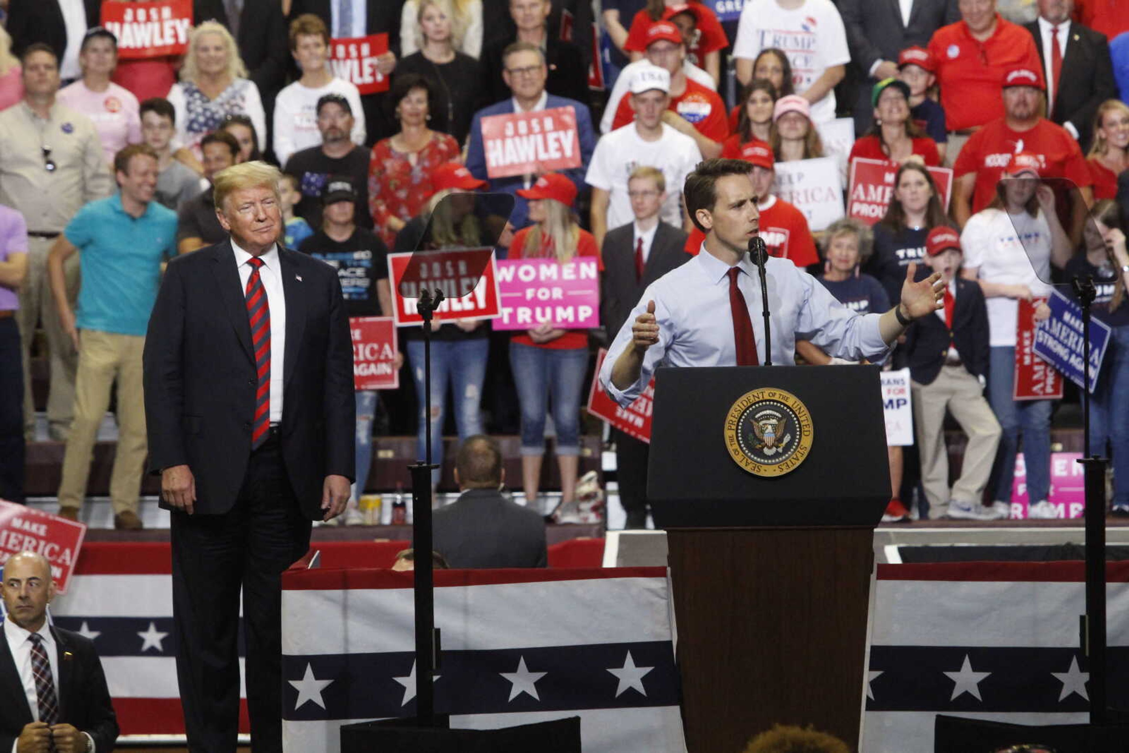 Missouri Attorney General Josh Hawley and President Trump speak to the audience at the MAGA rally at the JQH arena on Missouri State's campus Sept. 21.