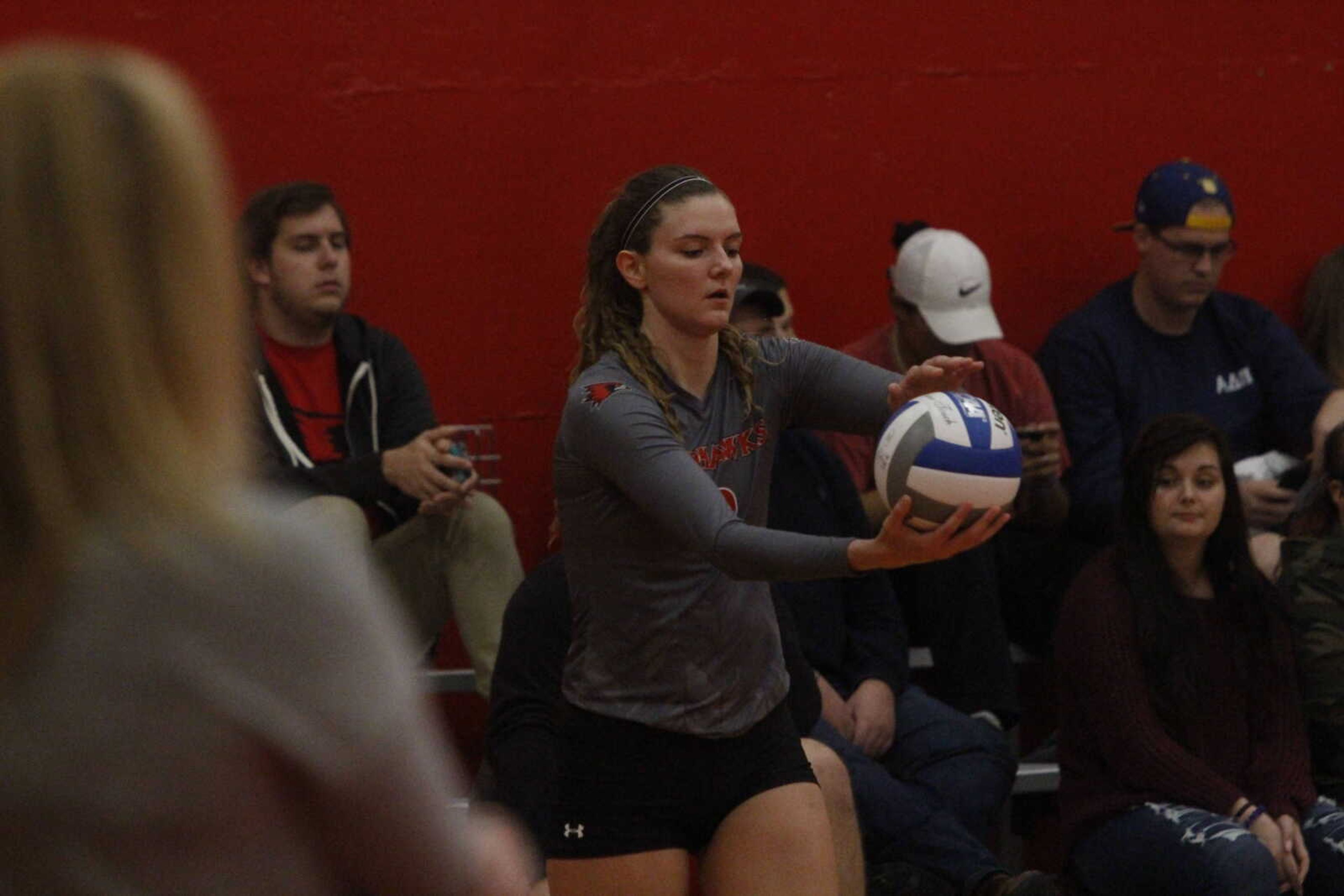 Senior outside hitter Haley Bilbruck prepares to serve during a match against SIUE on Nov. 2.