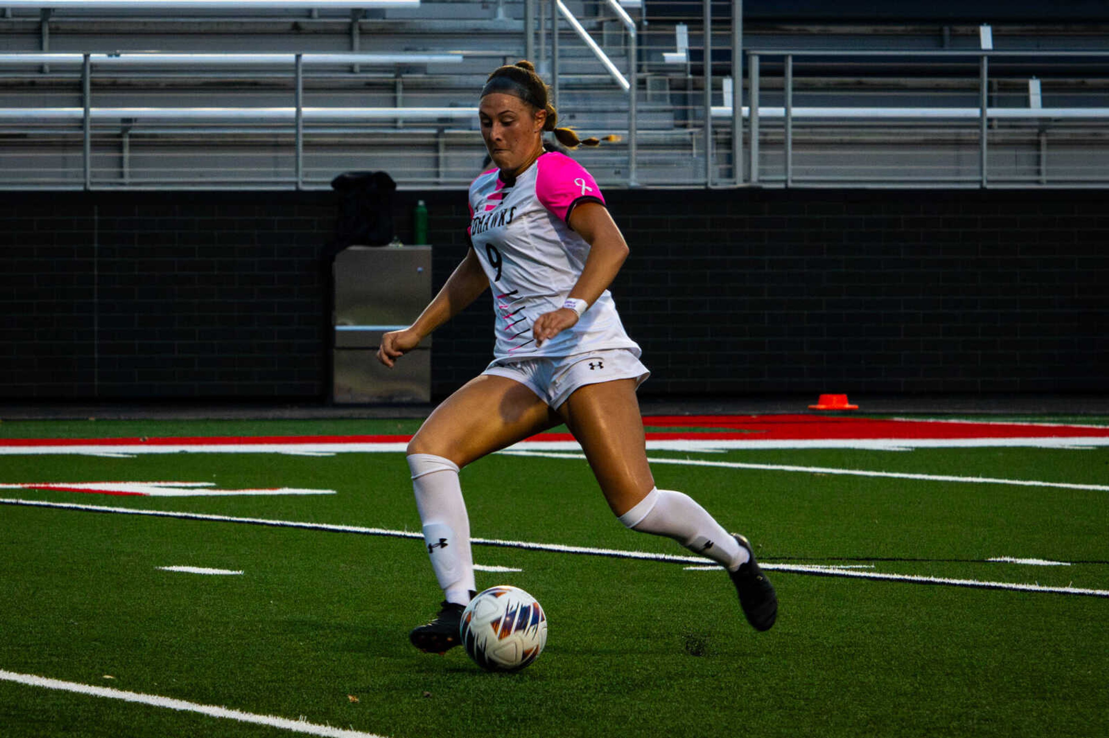 Sophomore forward Cayla Koerner shoots the ball, and scores against the little rock trojans. Koerner had the lone goal for the Redhawks.