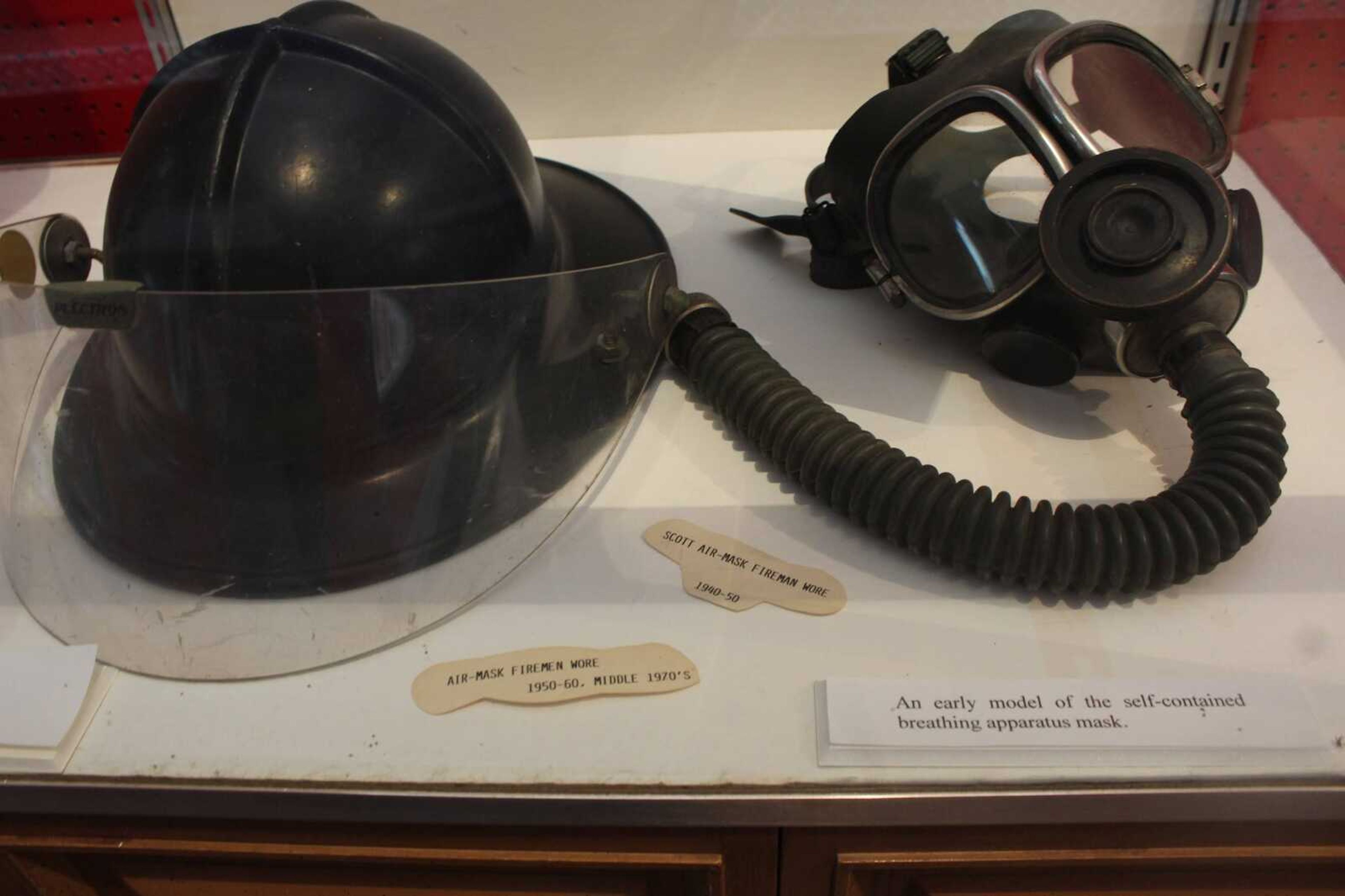 Early model of the self-contained breathing apparatus masks' on display at the Cape River Heritage Museum.