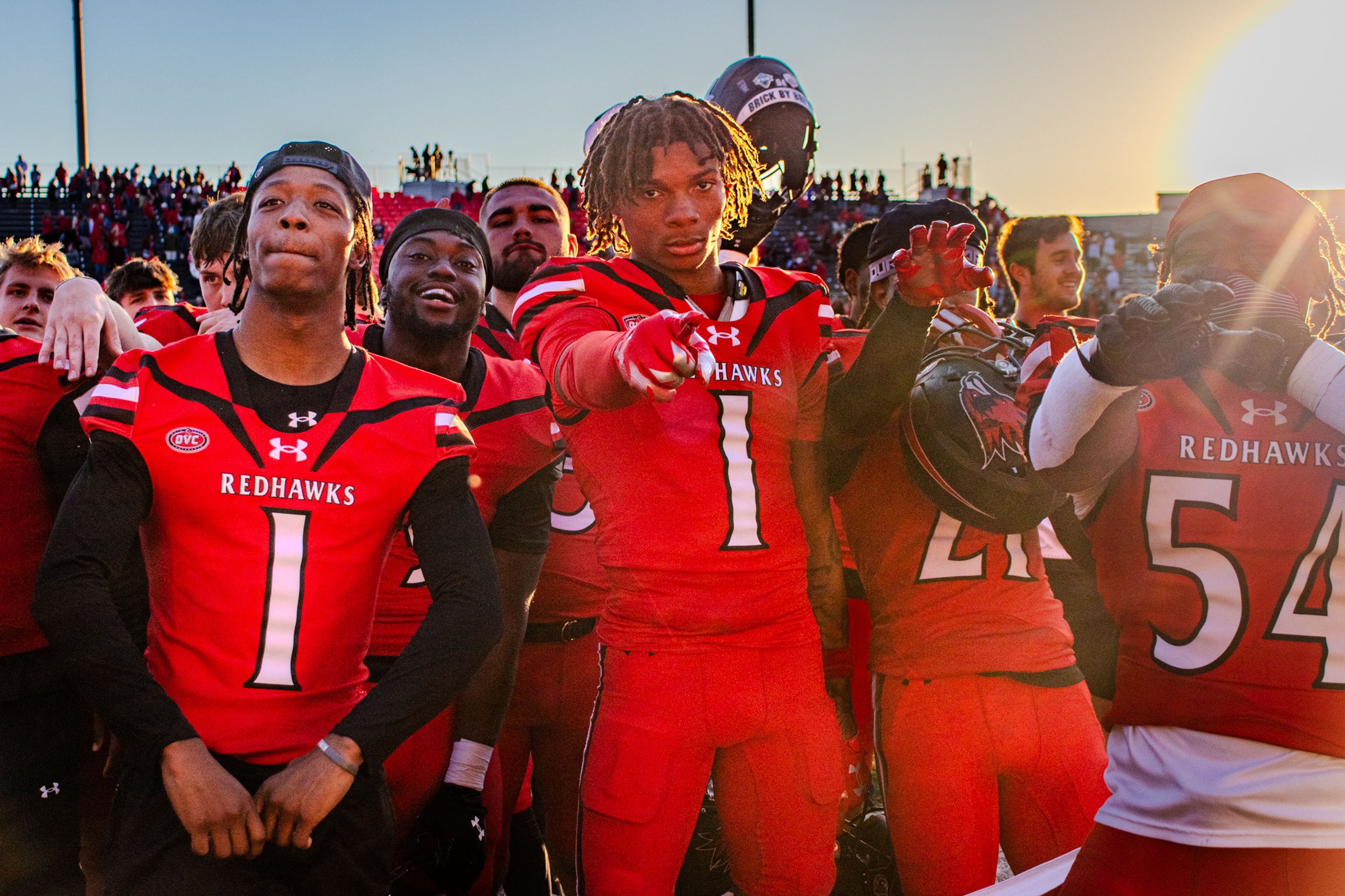 The SEMO football team celebrates after beating Gardner Webb on Homecoming.