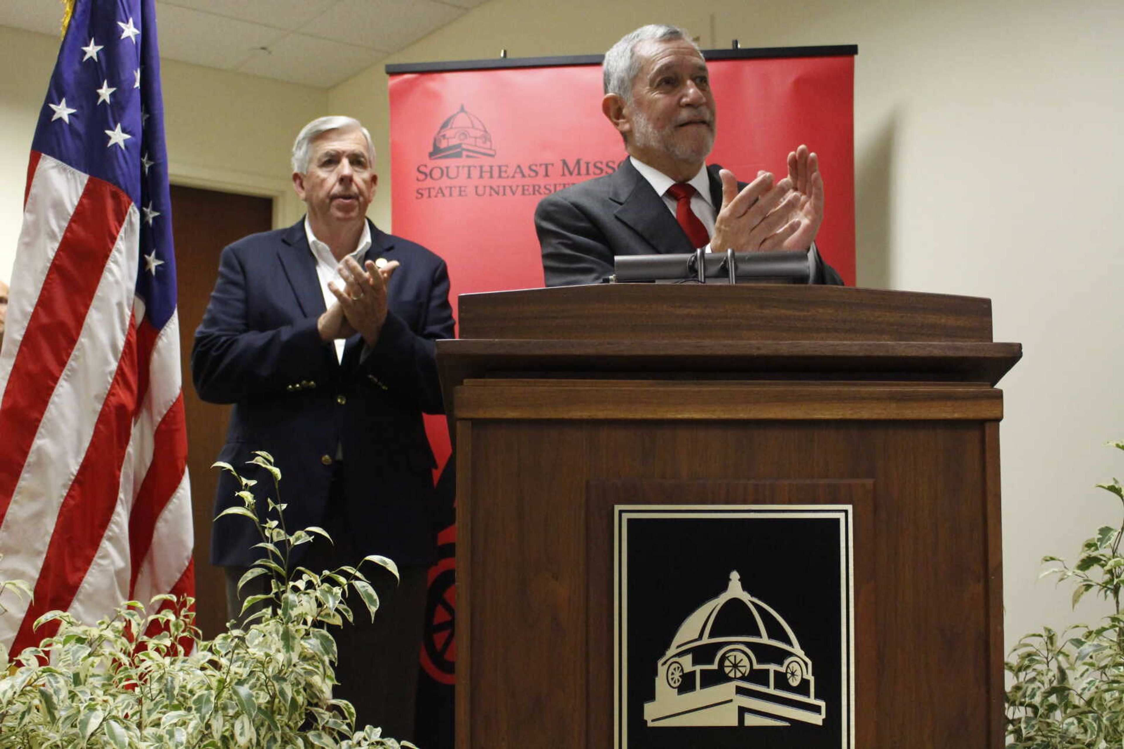 University president Carlos Vargas announced Aug. 31 that Southeast will introduce a designated space for cybersecurity majors. Missouri Governor Mike Parson (left) also spoke at the press conference.