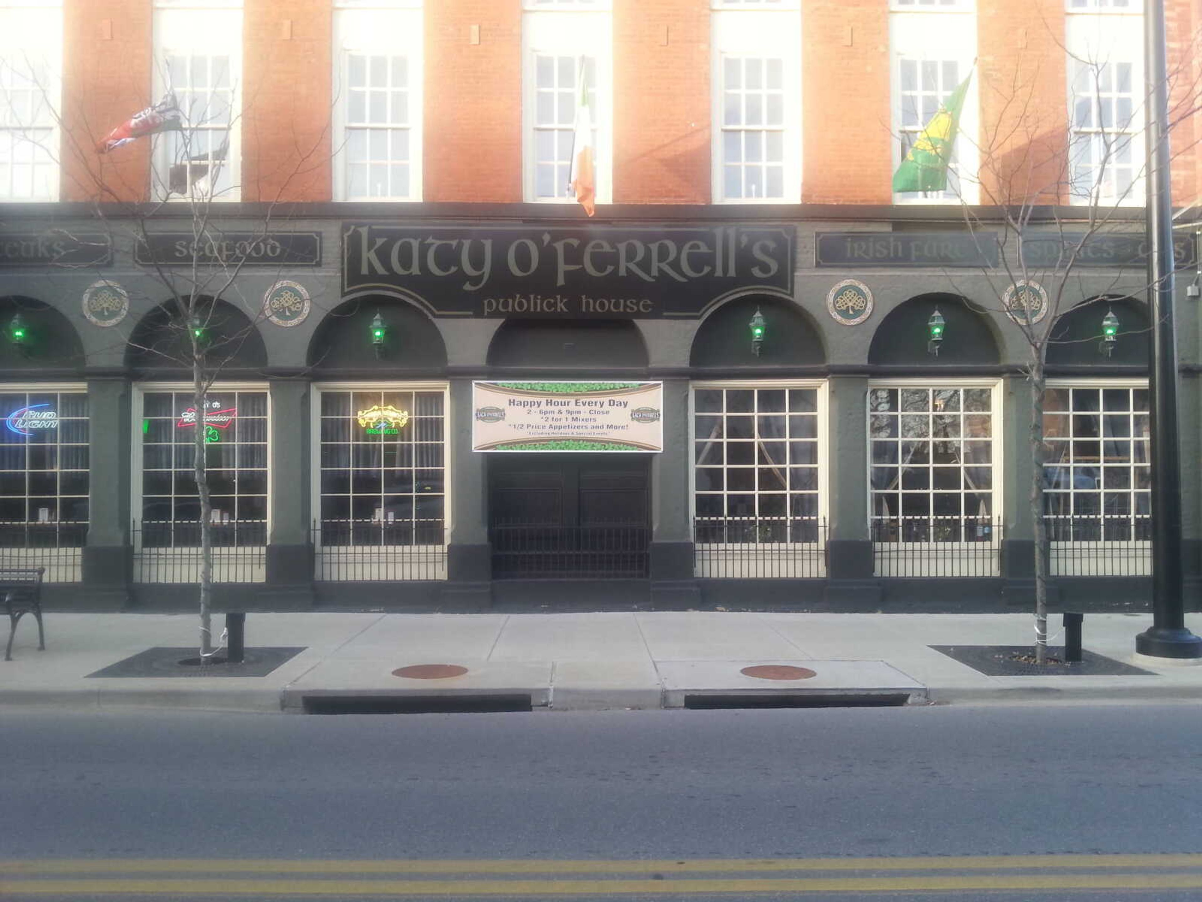 The street view of Katy O'Ferrell's Public House in Historic Downtown Cape Girardeau off of Broadway Street.