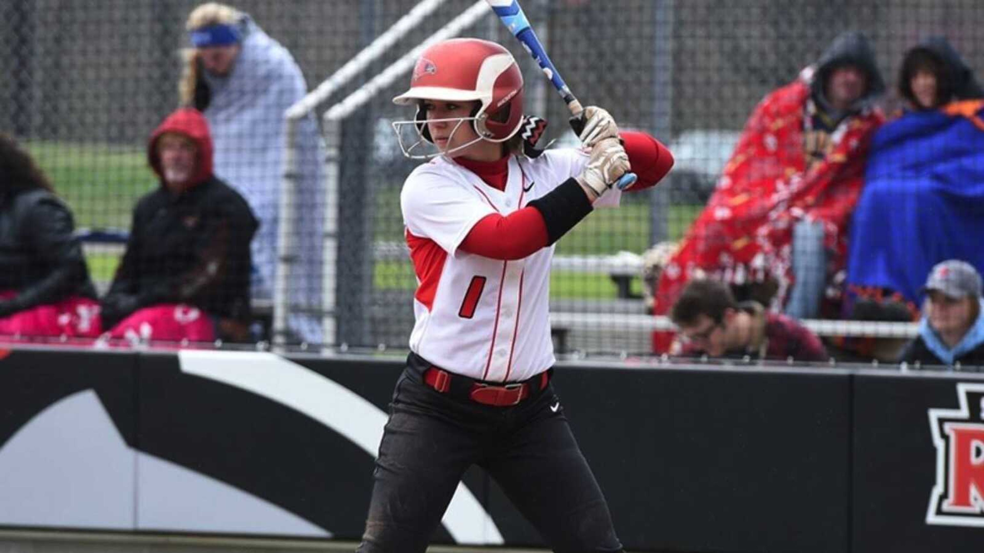 Outfielder Claire Wernig prepares to hit in the on-deck circle.