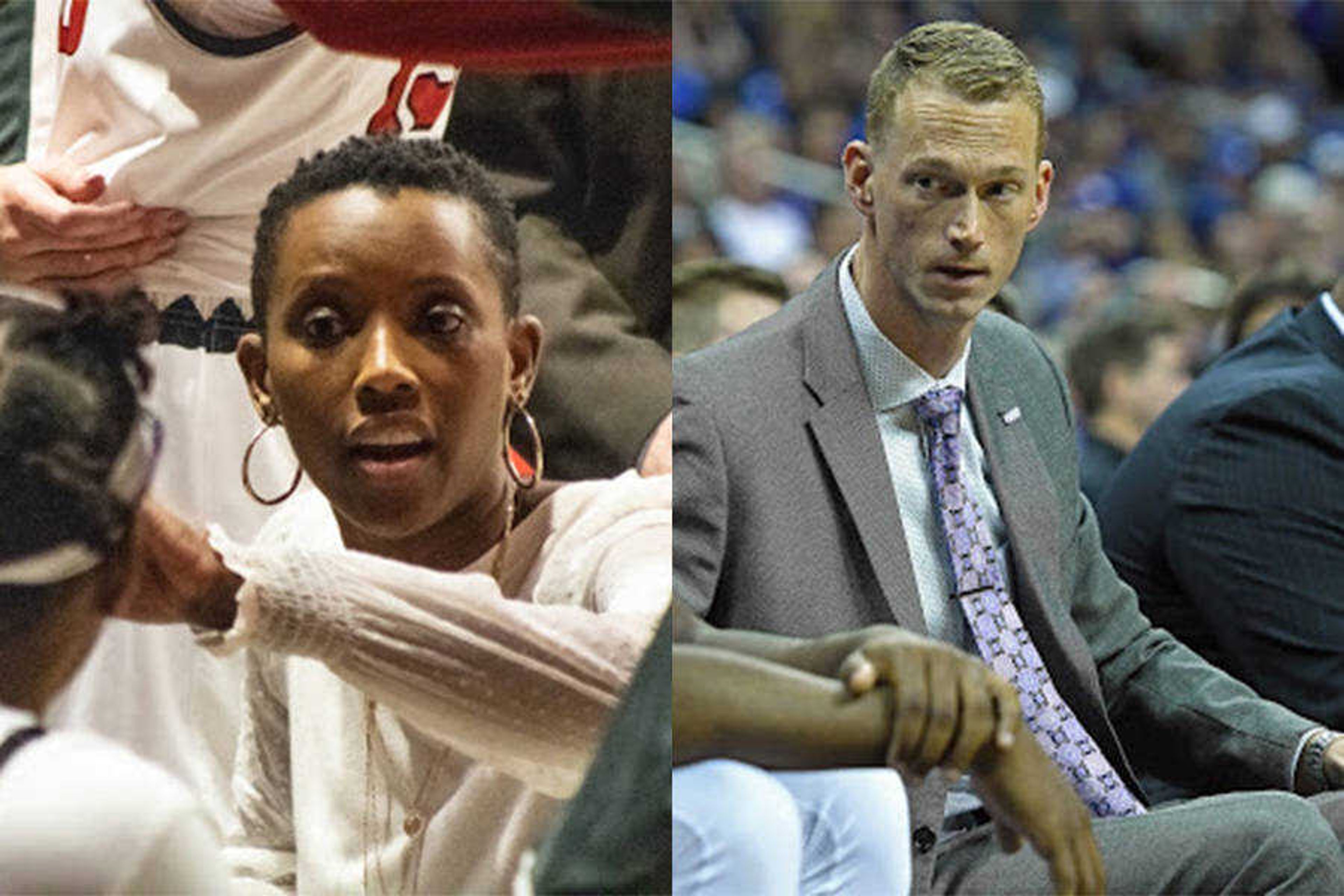 Rekha Patterson (left) coaches her team during a timeout. Brad Korn (right) instructs his players as an assistant coach at Kansas State.