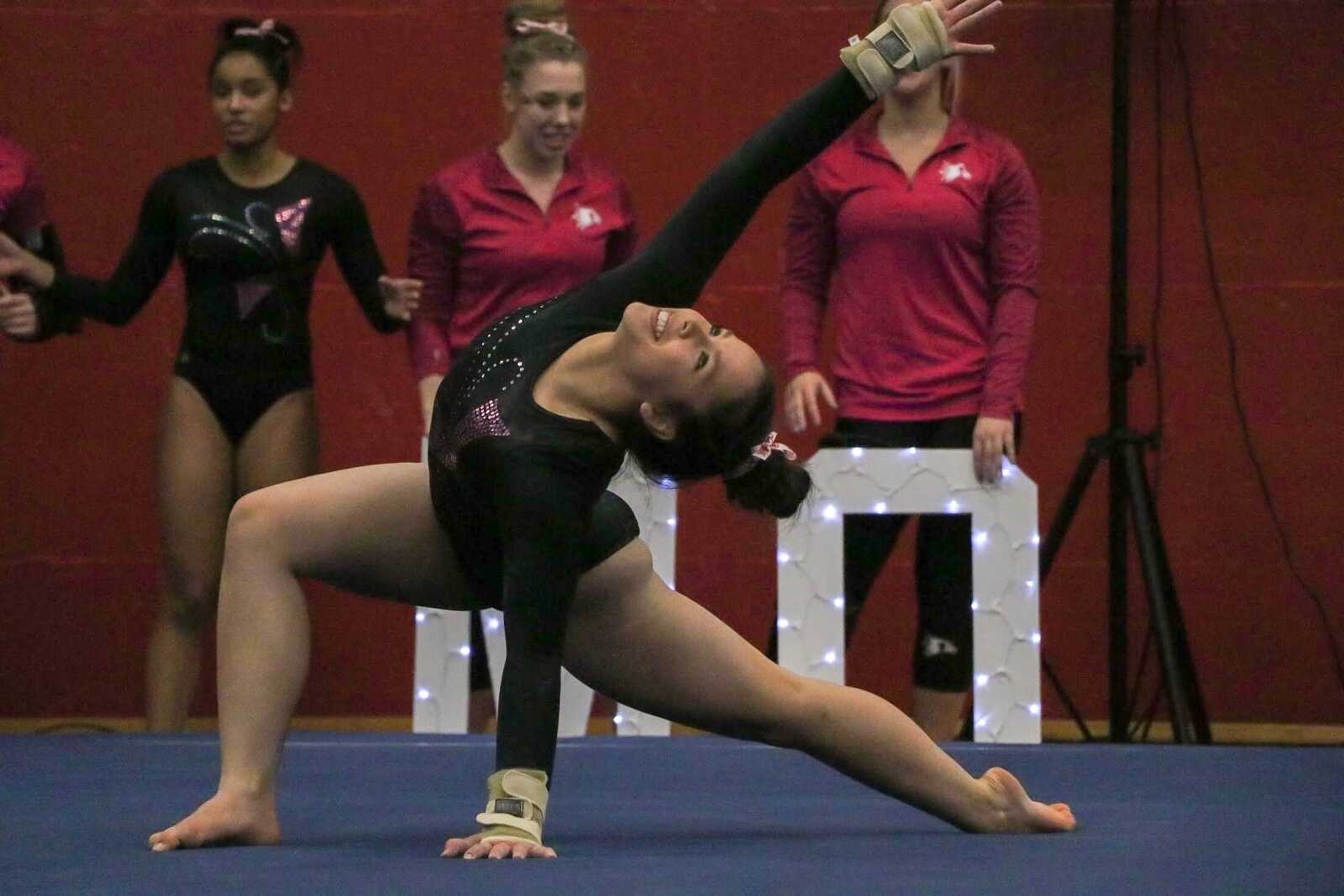 Freshman gymnast Anna Kaziska performs her floor routine against Northern Illinois at Houck Field House on Feb. 8.
