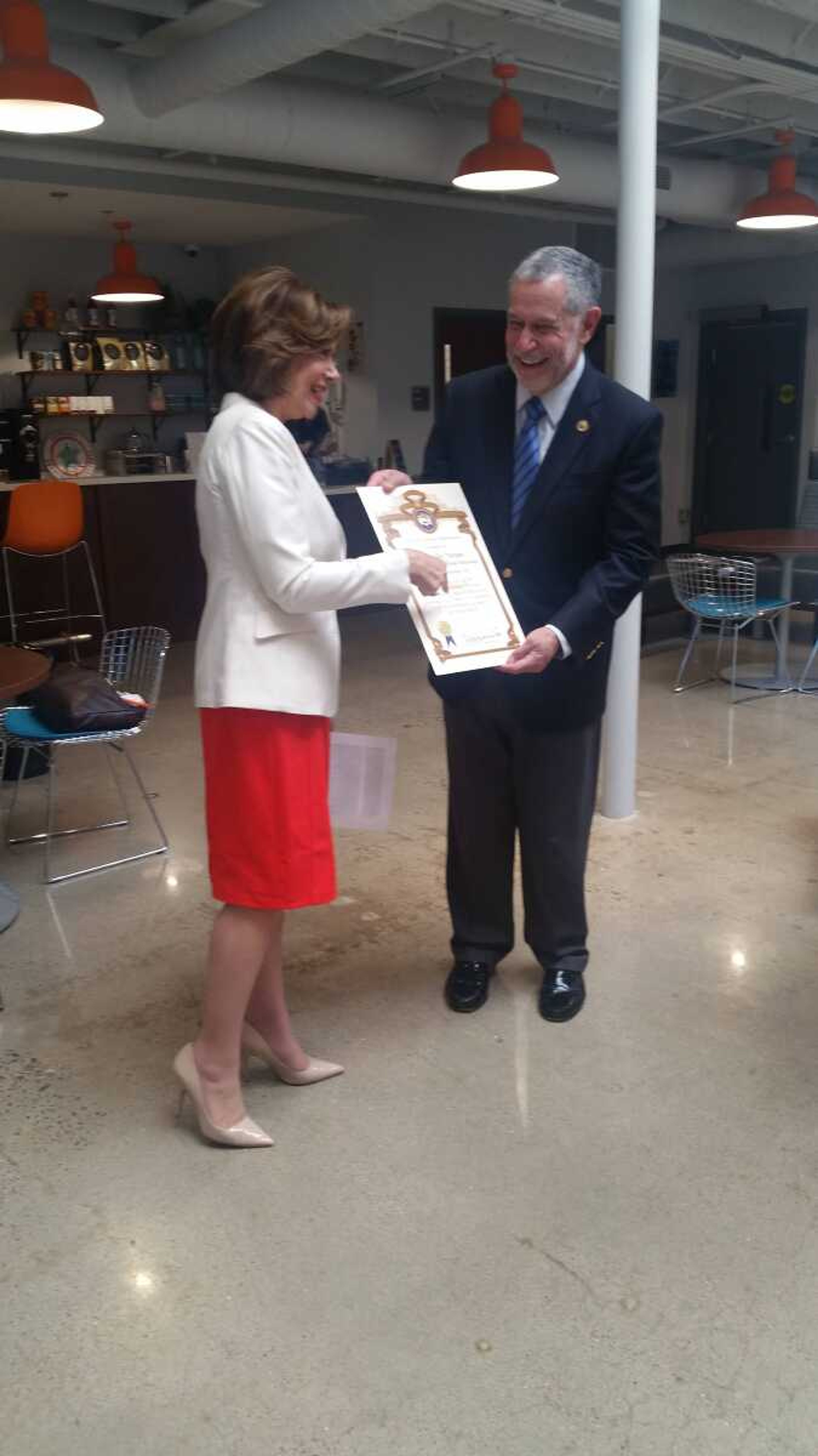 US SBA Administrator Maria Contreras-Sweet presents Dr. Carlos Vargas with a certificate recognizing the university's efforts to grow the spirit entrepreneurship in Cape Girardeau. 