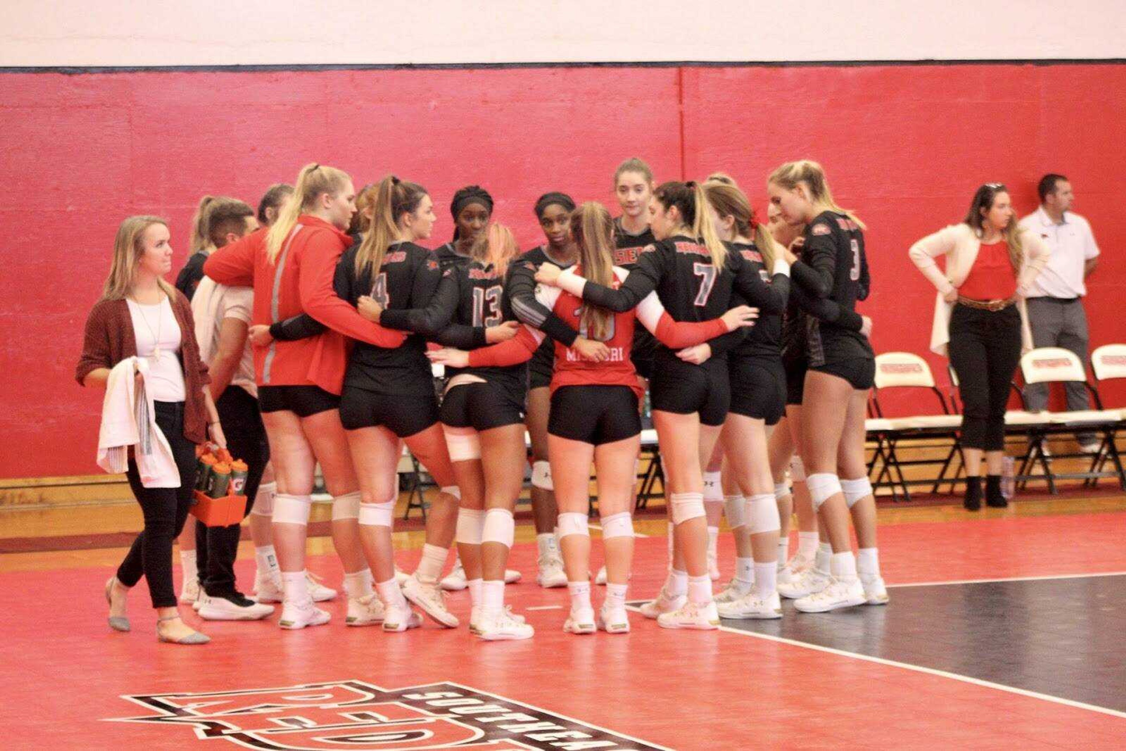 The 2019-20 team huddles between sets during a four-set win over Jacksonville State on Nov. 2, 2019, at Houck Field House in Cape Girardeau, Mo.