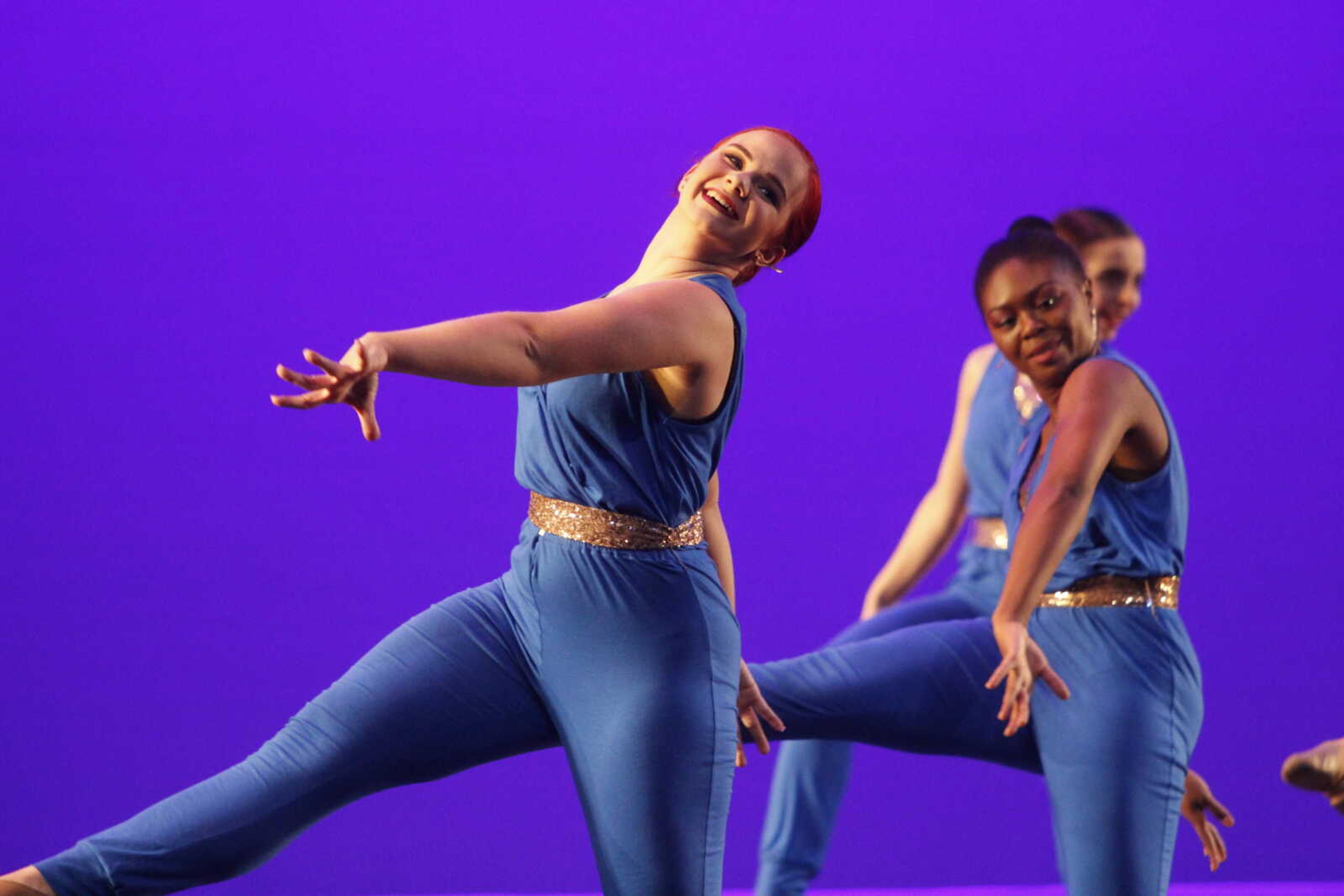 Senior Alli Newman (center) and sophomore J'Nae Howard perform during a set in River Campus' production of Spring Into Dance. 