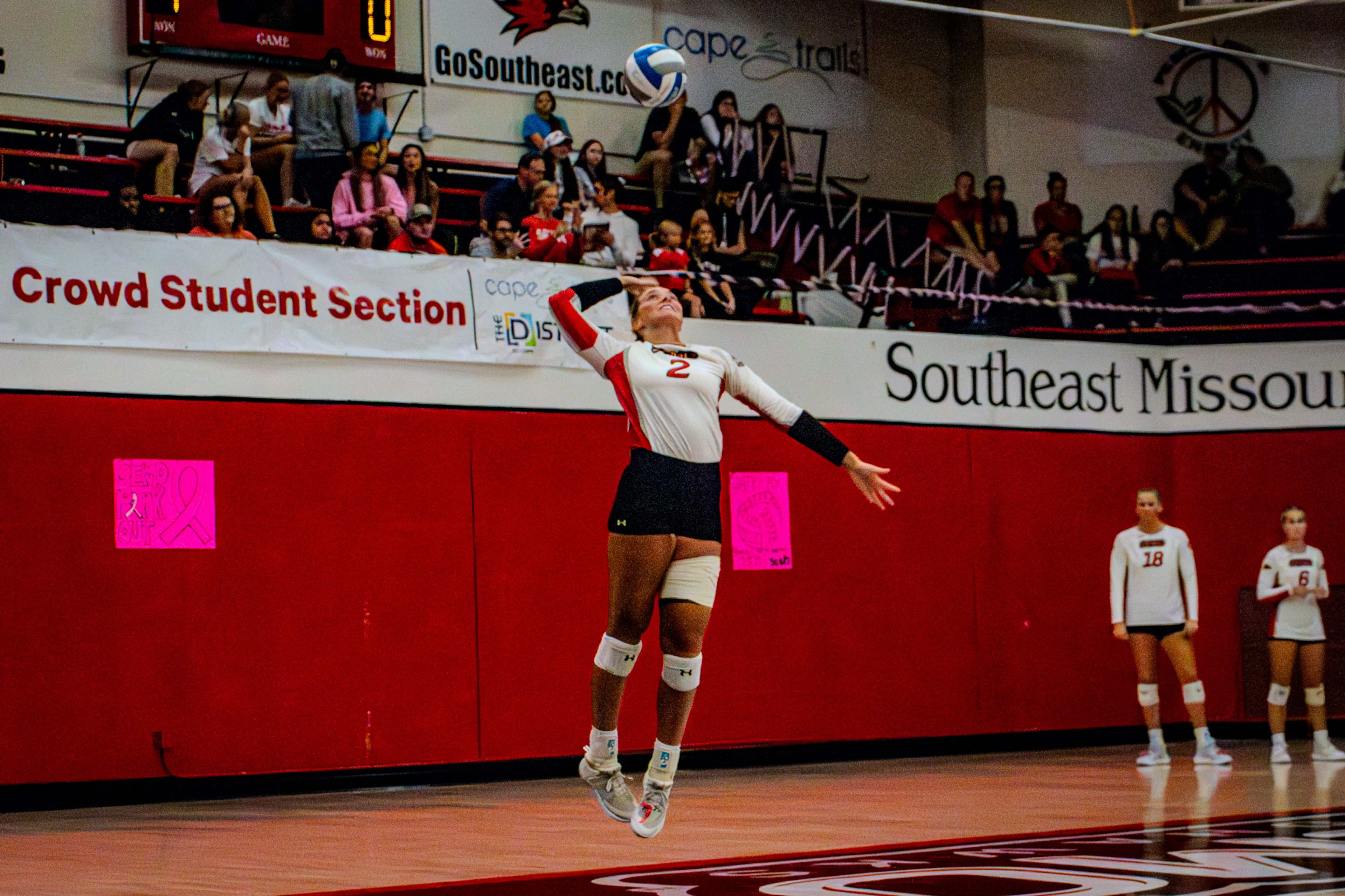 Sophomore outside hitter Lucy Arndt leaps to serve a ball against TSU. 