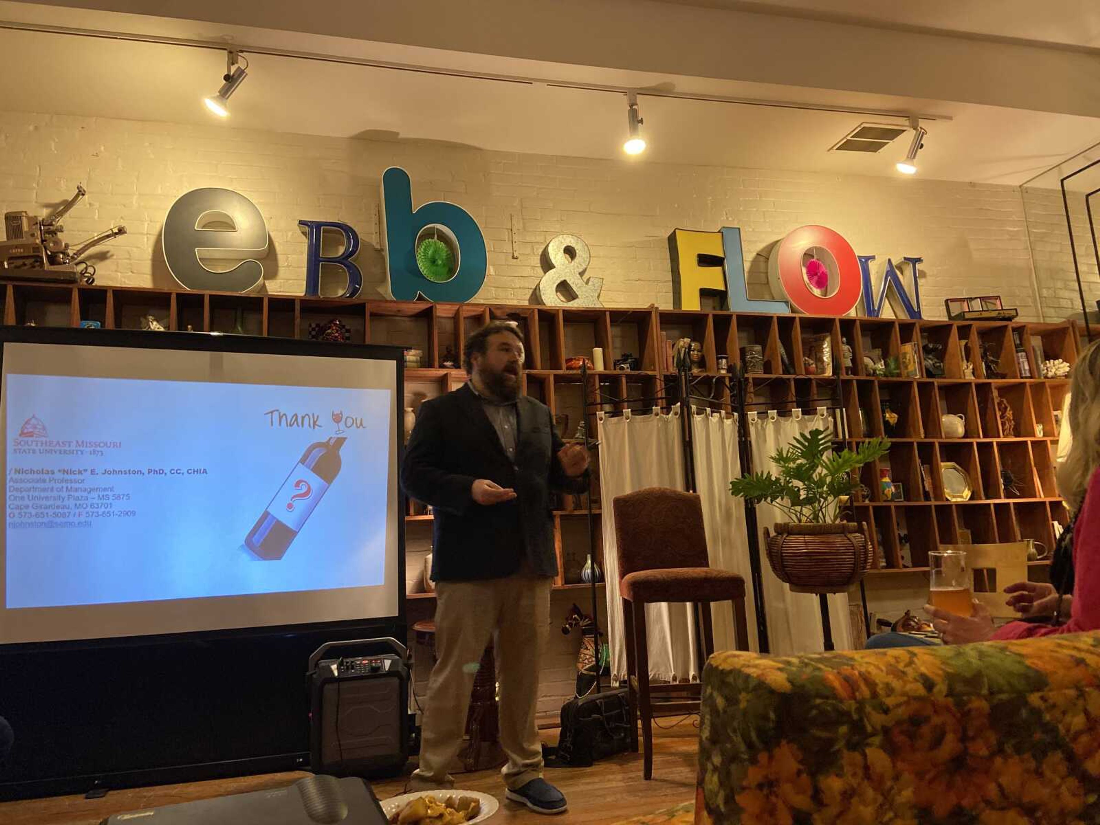 SEMO hospitality professor Nicholas Johnston talks about the power of packaging on perception at Ebb & Flow Fermentations on Wednesday, Feb. 16. His talk is part of the "Ebb Talks" series hosted by the restaurant.