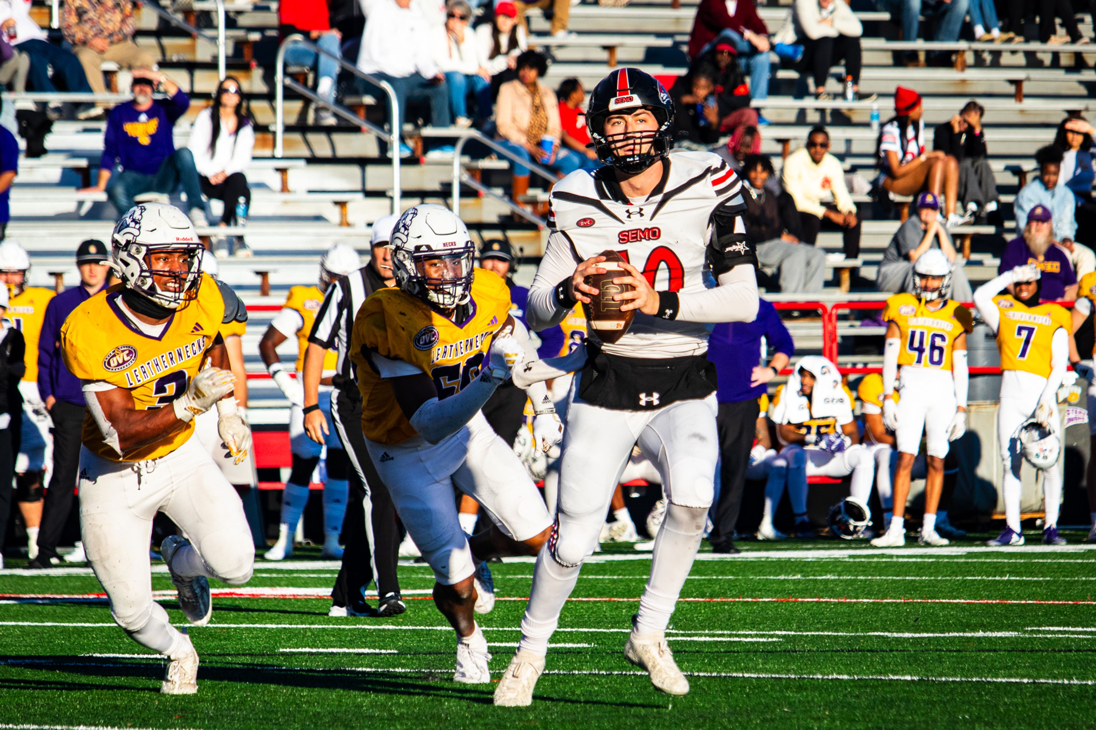 Senior quarterback Paxton DeLaurent looks to throw a pass against Western Illinois. 