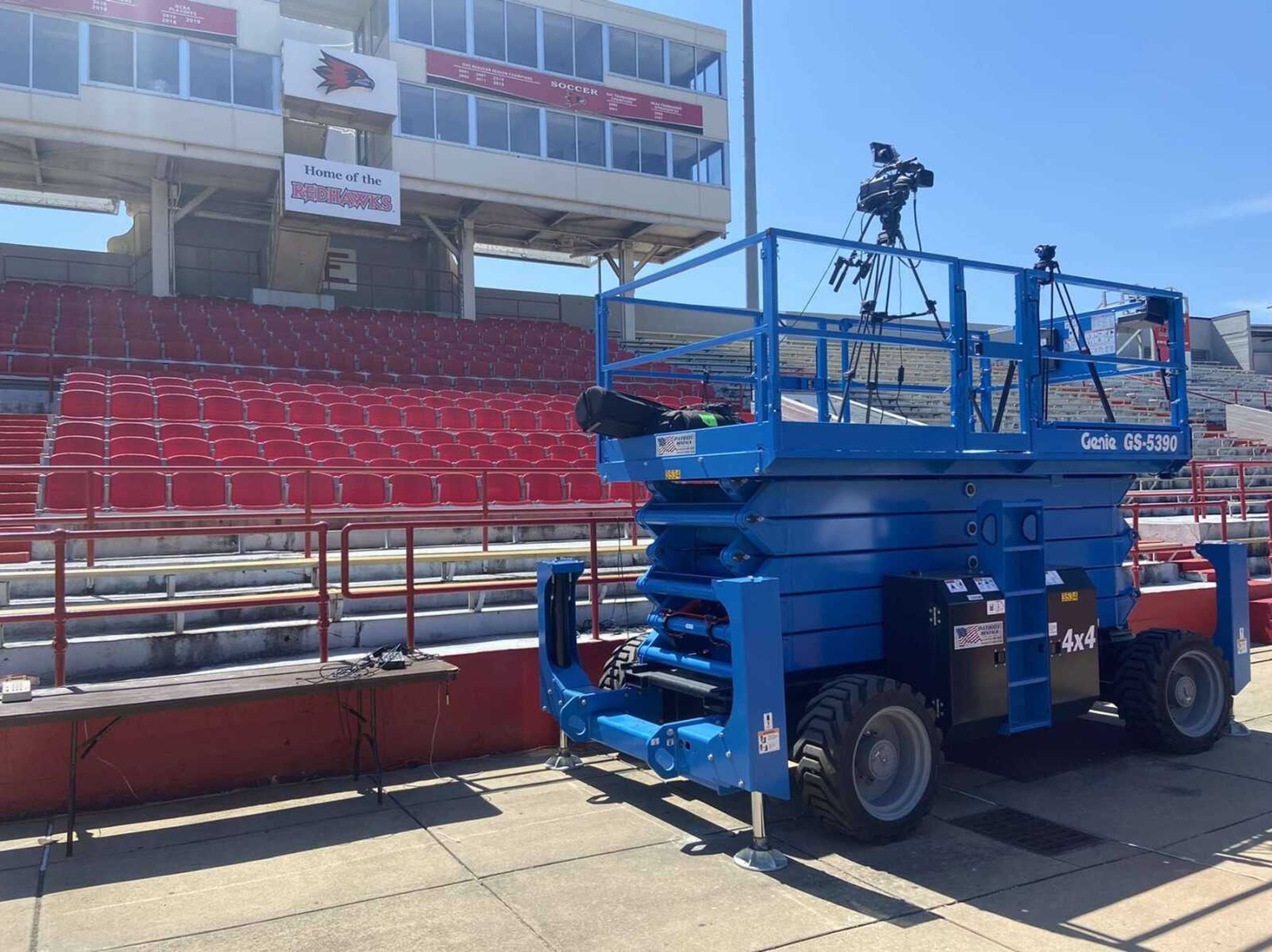 One of the cameras used by the ESPN+ crew sits on a lift that was brought into Houck Stadium to assist with production of football and soccer.