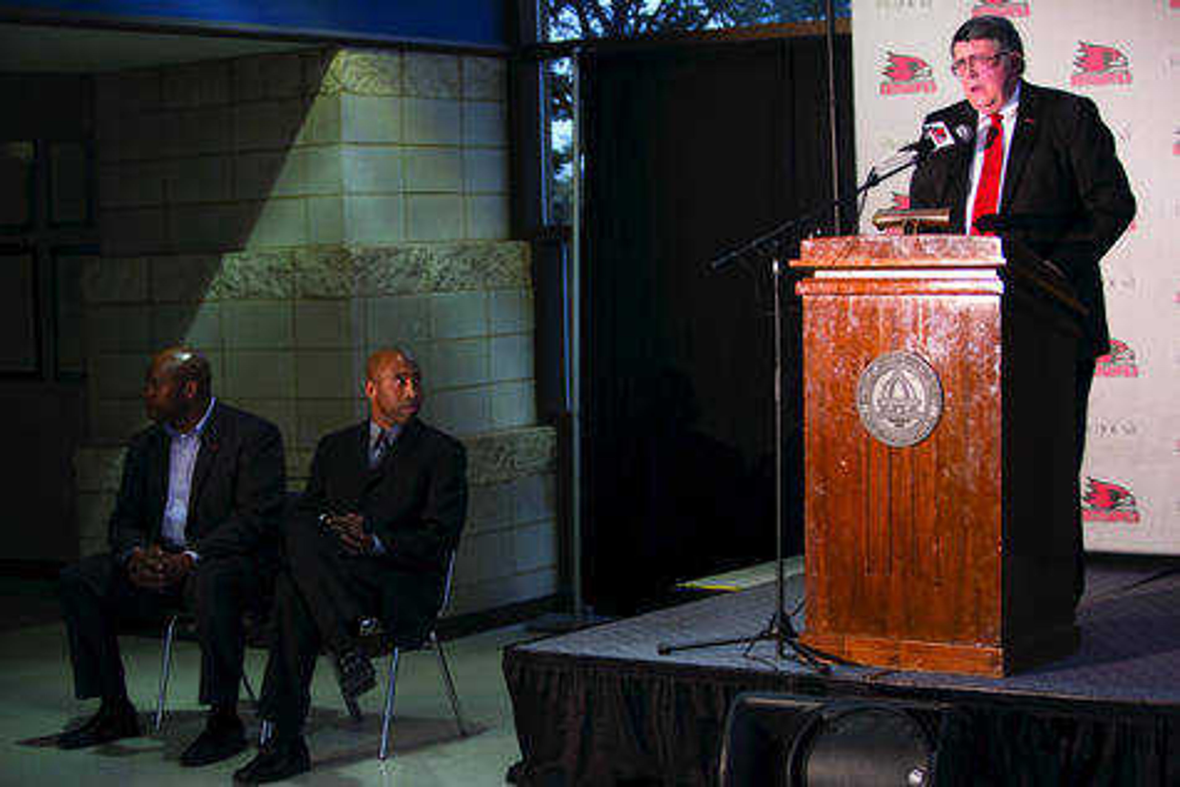 President Dr. Kenneth W. Dobbins addresses attendees at the press conference announcing the new men's basketball coach, Rick Ray, on April 13 at the Show Me Center. Photo by Jeganaath Mudaliar