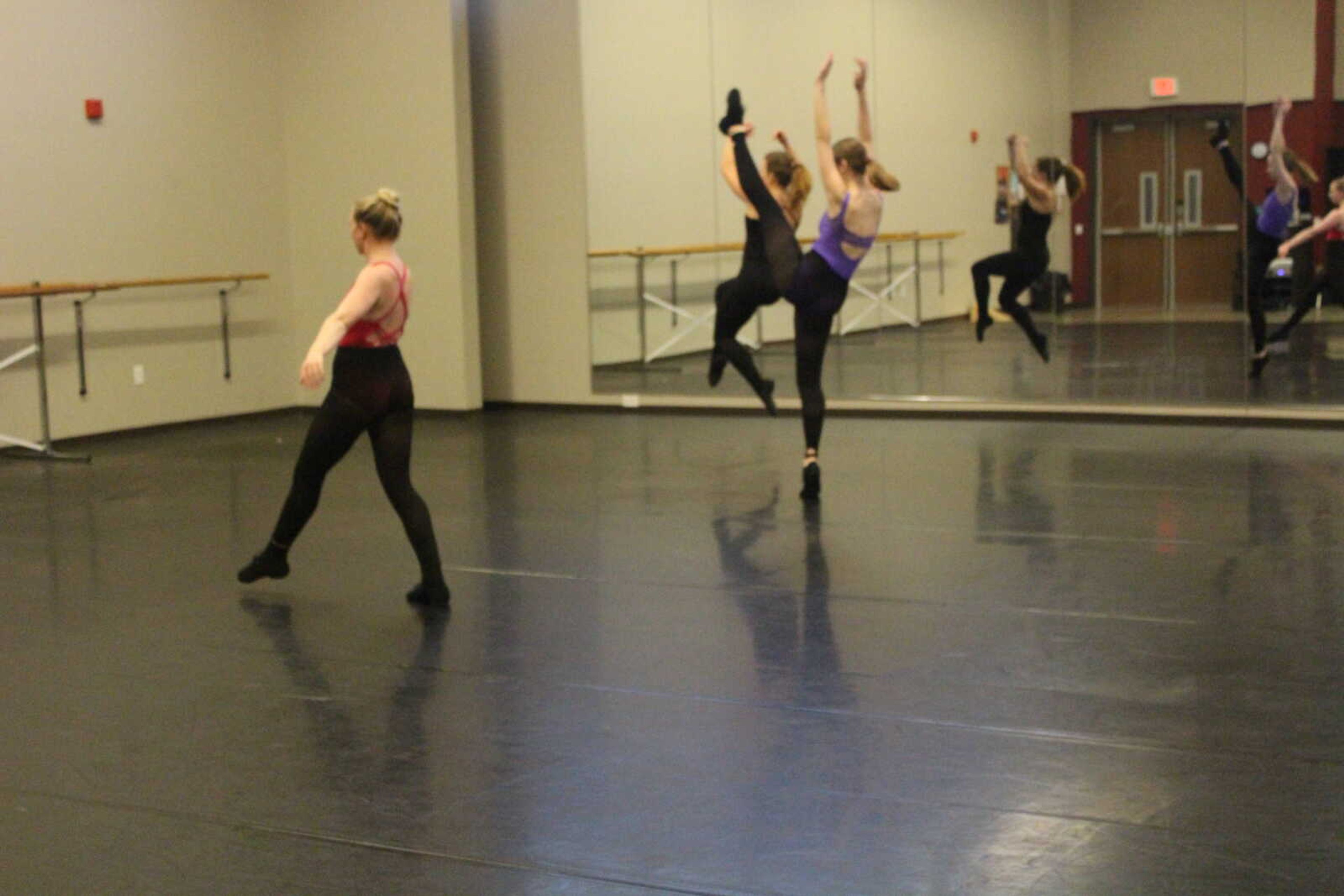 River Campus dance students practice in their rehearsal room.