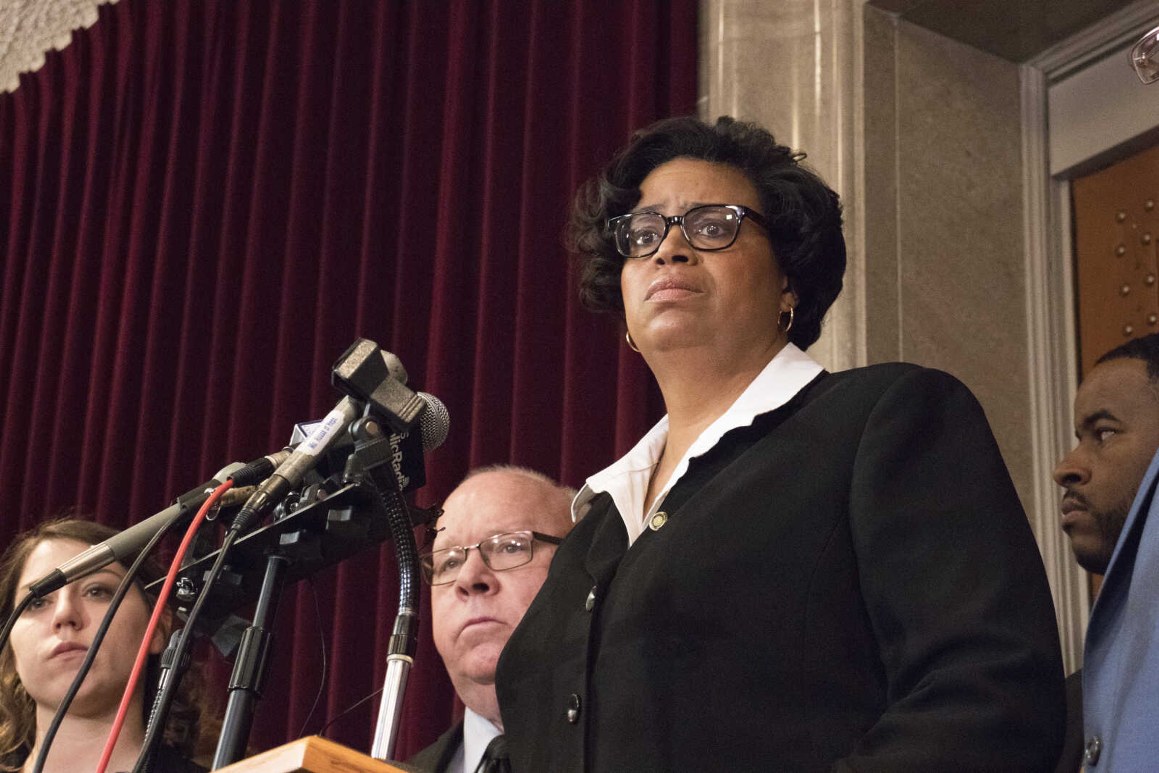 Minority leader Gail McCann Beatty speaks at a press conference to address the findings of the Missouri House of Representatives Special Investigative Committee on Oversight on the House Floor on April 11.