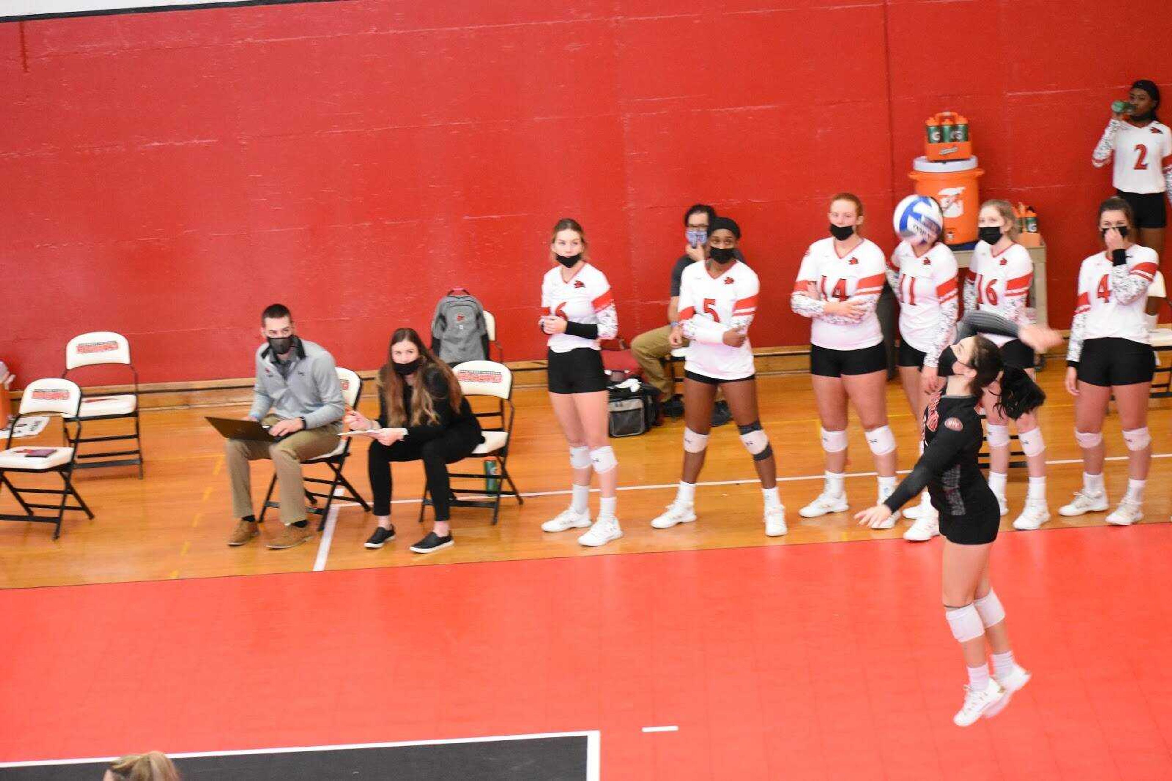 Sophomore libero Tara Beilsmith serves during a pair of four set wins for Southeast over EKU on Feb. 14 at Houck Field House in Cape Girardeau.