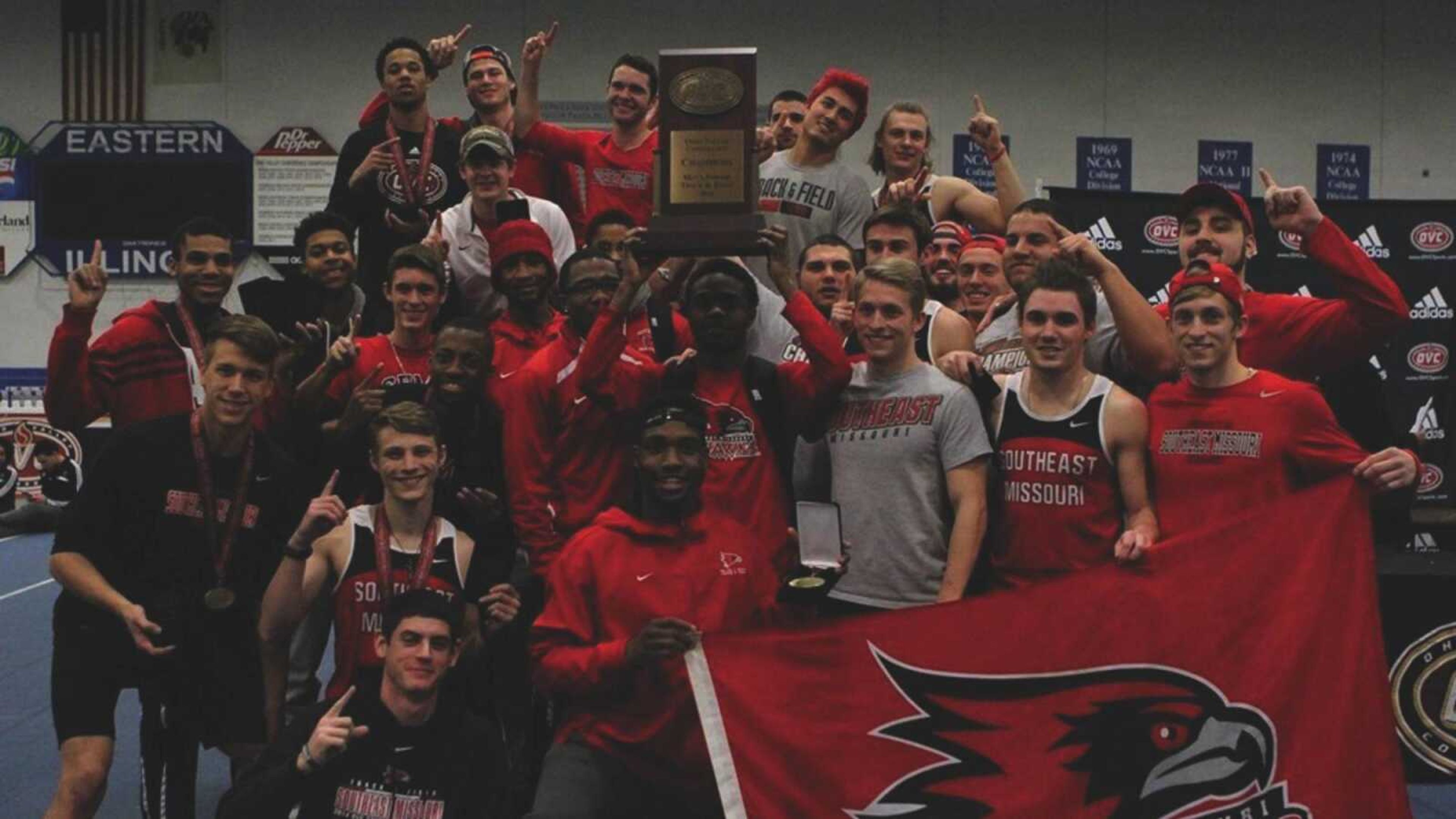 Last year's Southeast Missouri State men's track and field team poses with its 2015 Ohio Valley Conference Indoor Championship trophy.