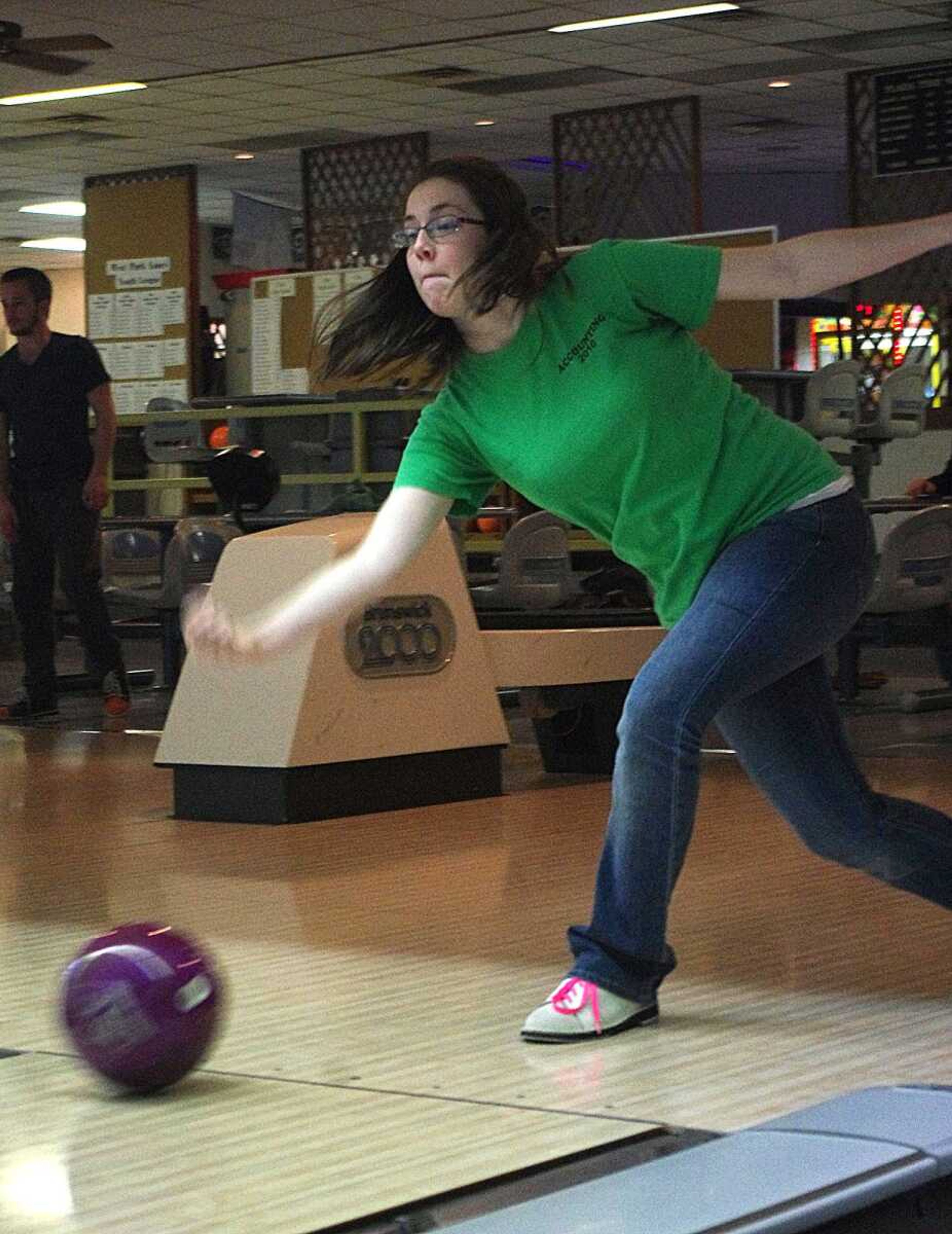 Student Jerriylnn Kraus won the bowling tournament hosted by Recreation Services. Photo by Nathan Hamilton