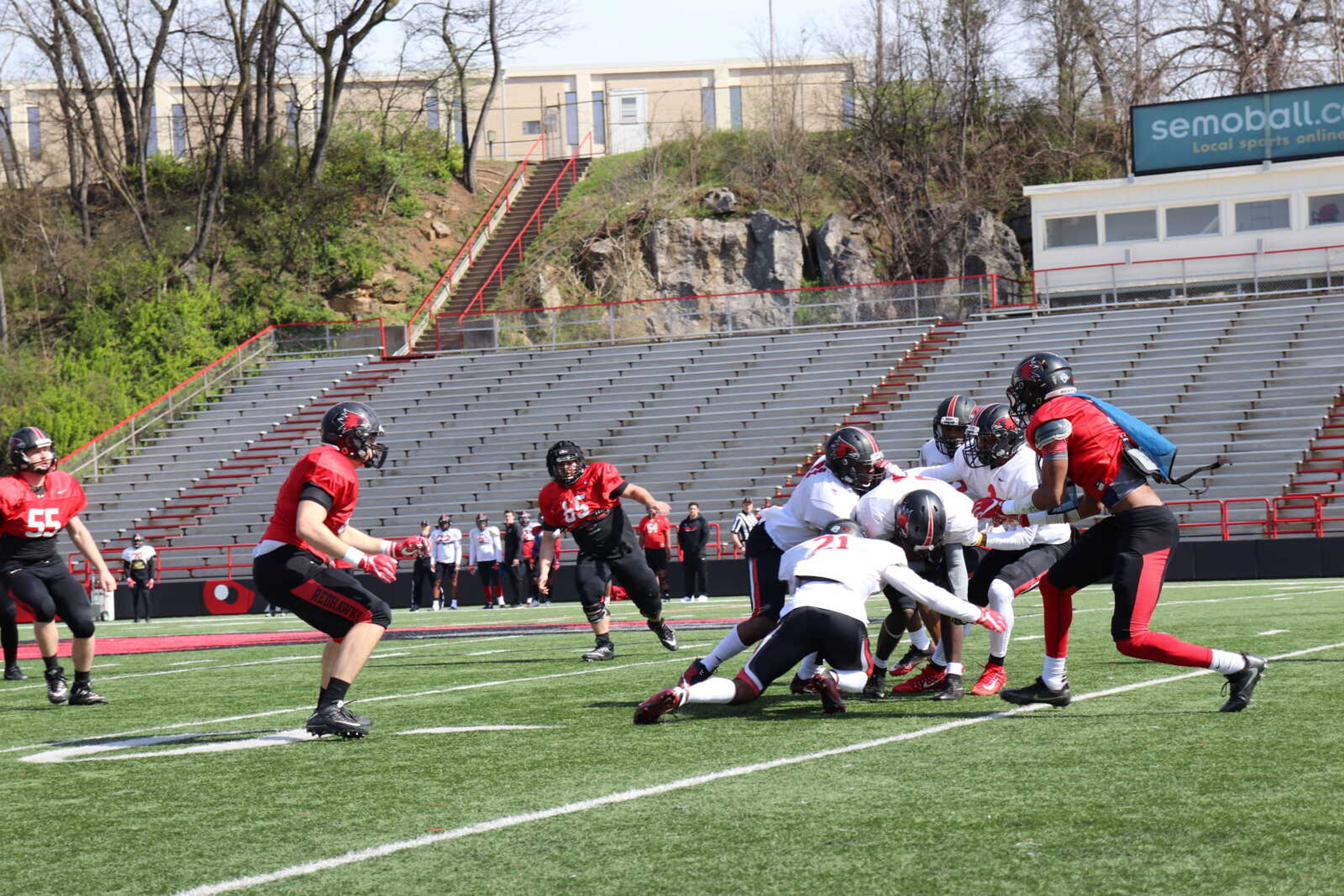The Southeast team football scrimmaged during spring practices at Houck Stadium.