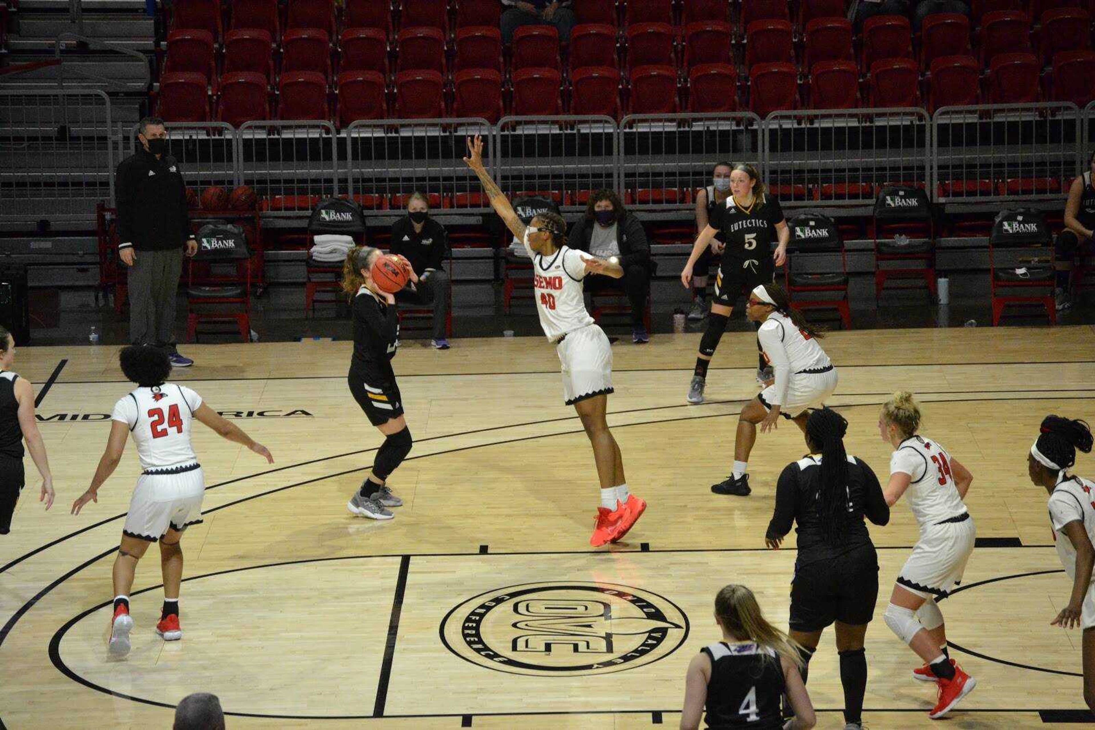 Redshirt-senior forward Latrese Saine contests a shot during the Redhawks 75-44 win on Dec. 1 against UHSP at the Show Me Center in Cape Girardeau.