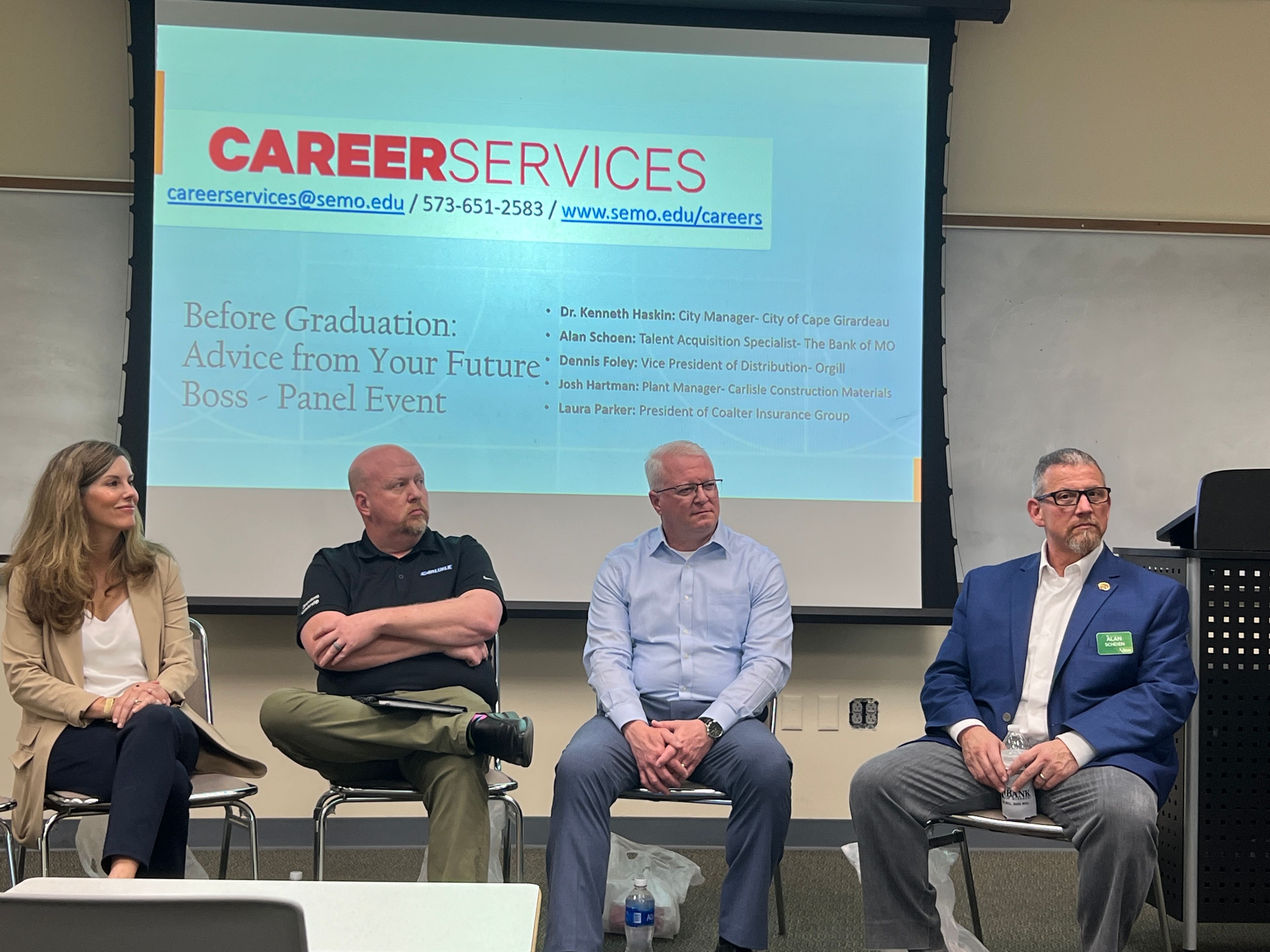 From left to right, Laura Parker, Josh Hartman, Dennis Foley and Alan Schoen introduce themselves at the beginning of the Advice from Your Future Boss Panel.