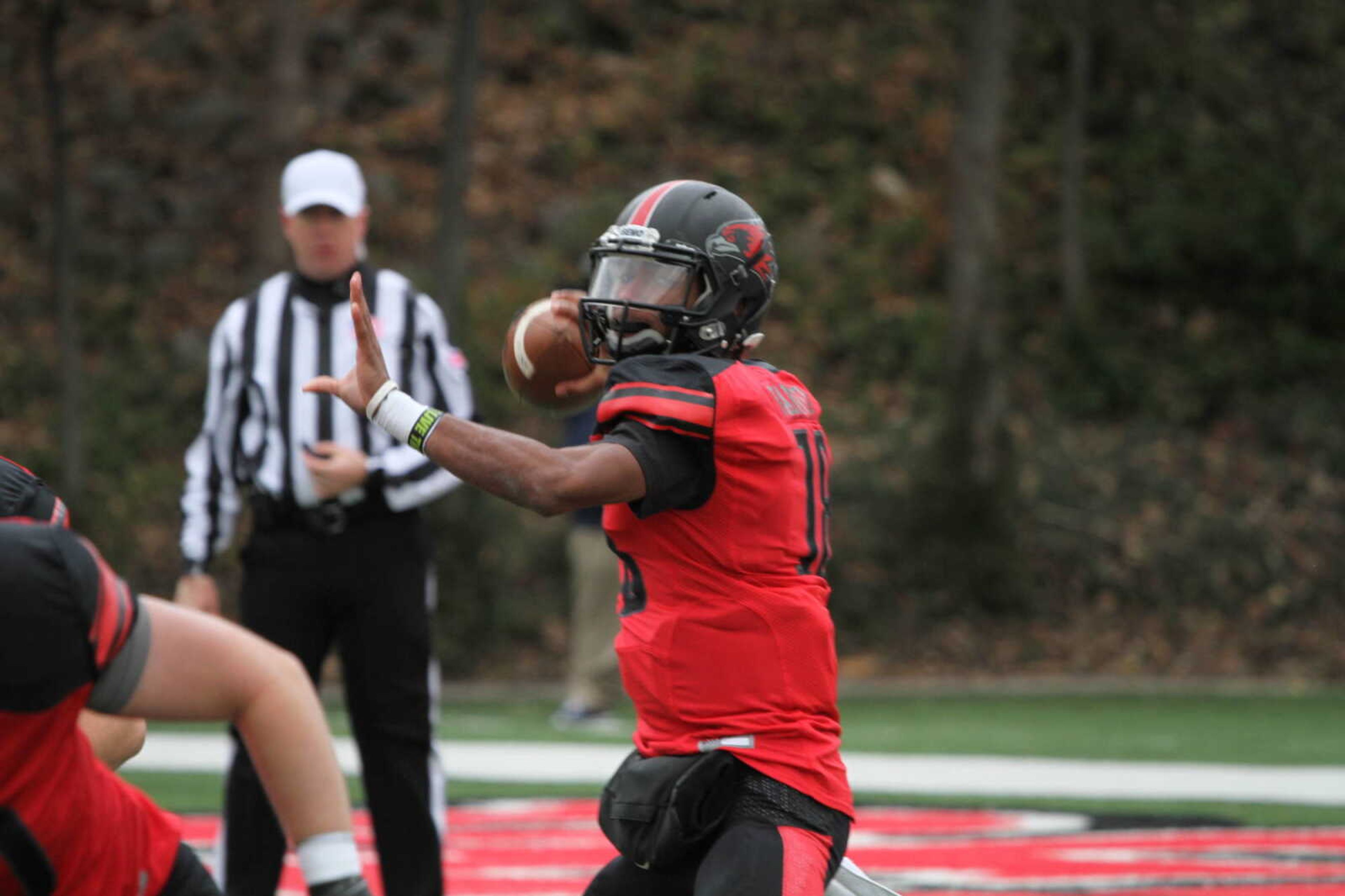 Freshman quarterback Dante Vandeven throws the football to one of his receivers in the Southeast Missouri State football team's final game of the season on Nov. 21 against UT Martin at Houck Stadium.