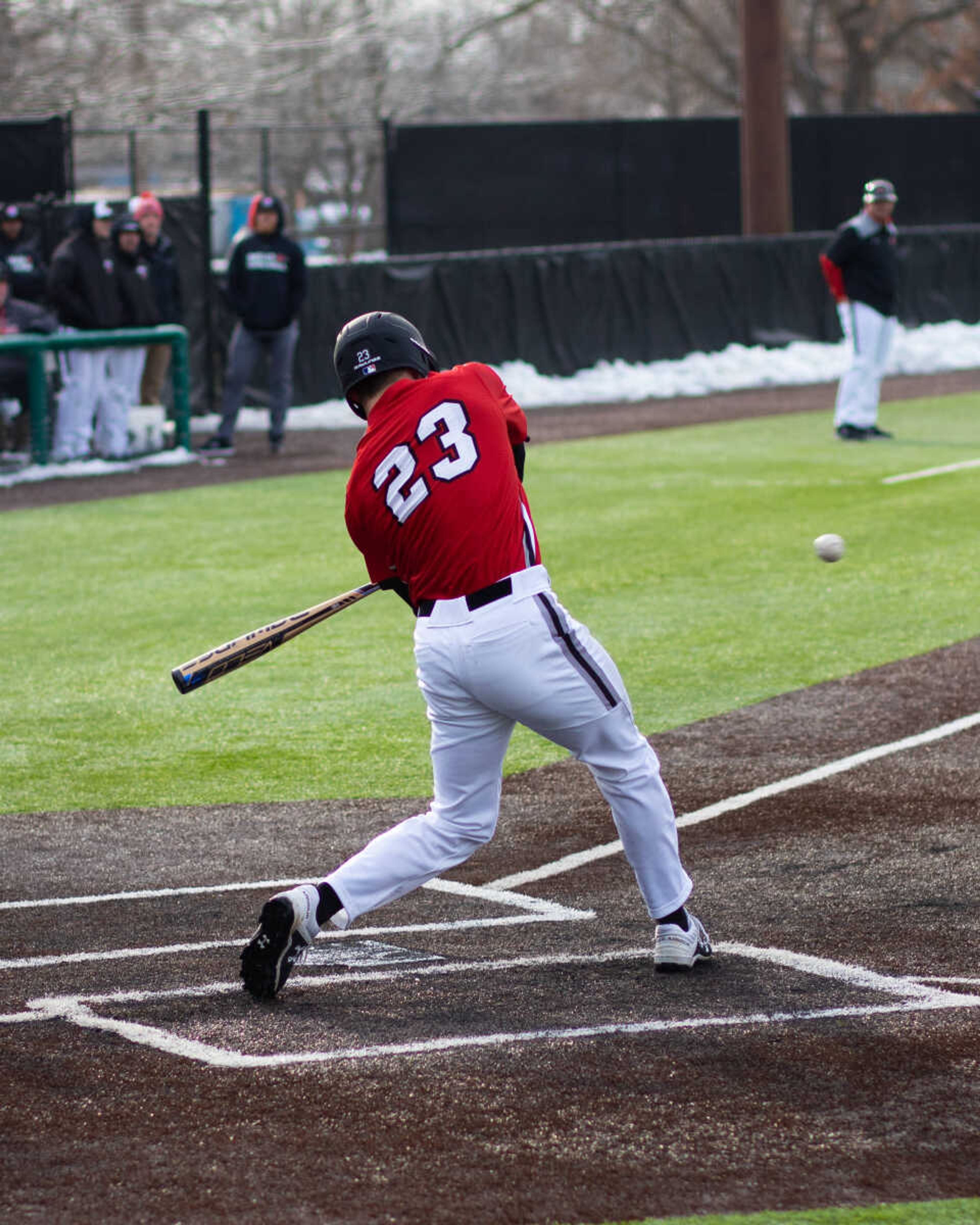 Senior outfielder Justin Dirden looks to make contact on a pitch in a win over Western Michigan Feb. 16