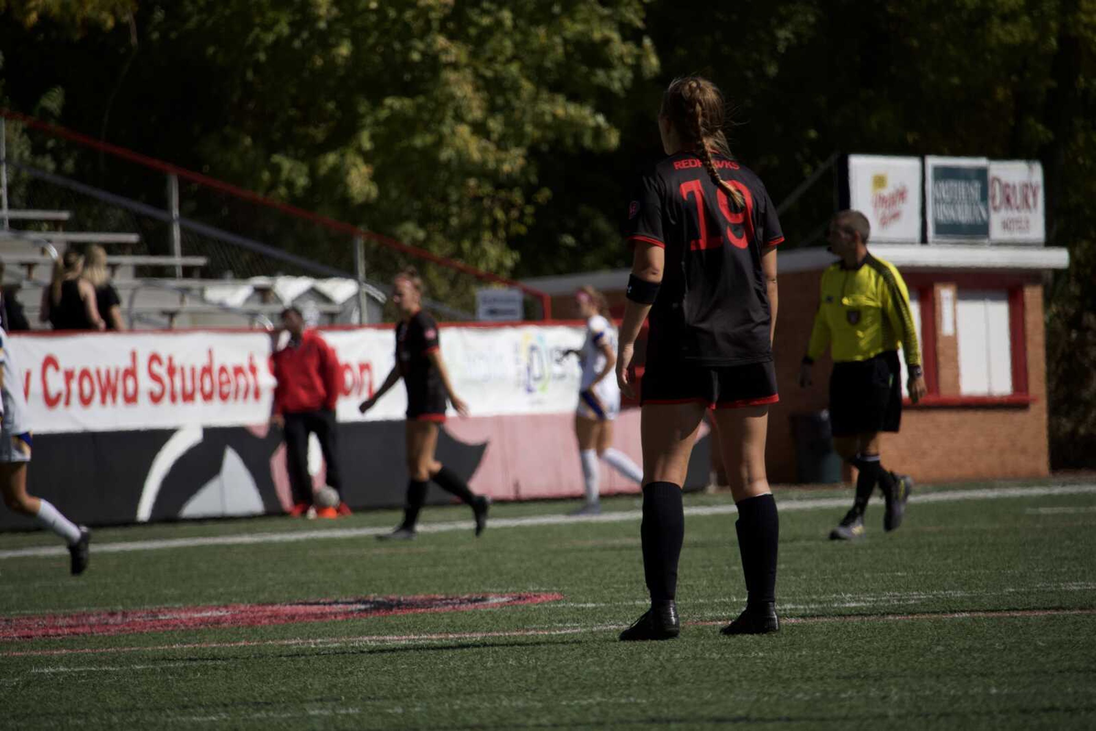 SEMO junior defender/midfielder Maddie Paulson (19) looks on at her teammates during Sunday's game against Morehead State University.