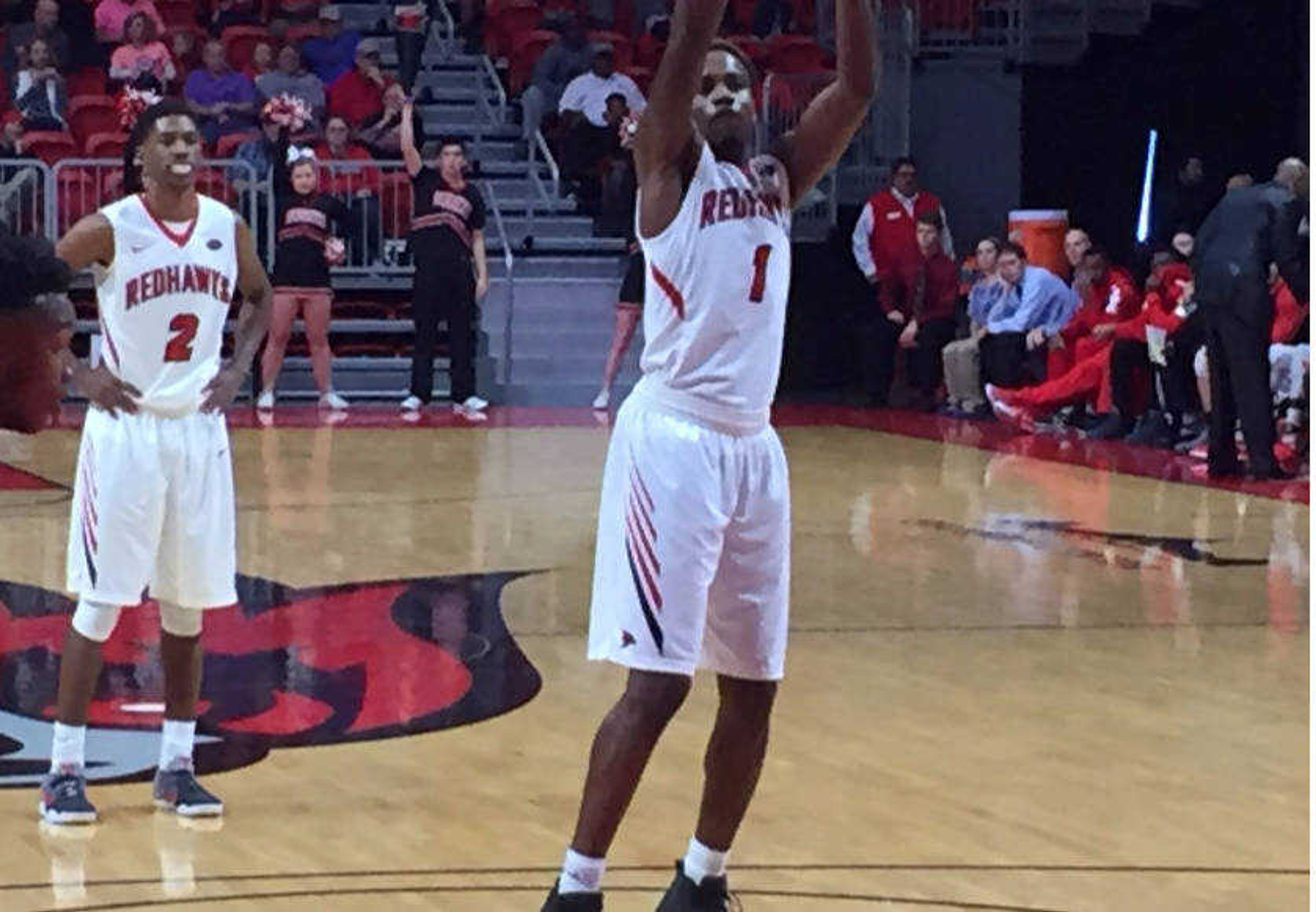 Antonius Cleveland shoots a free throw in the Show Me Center during a home basketball game.