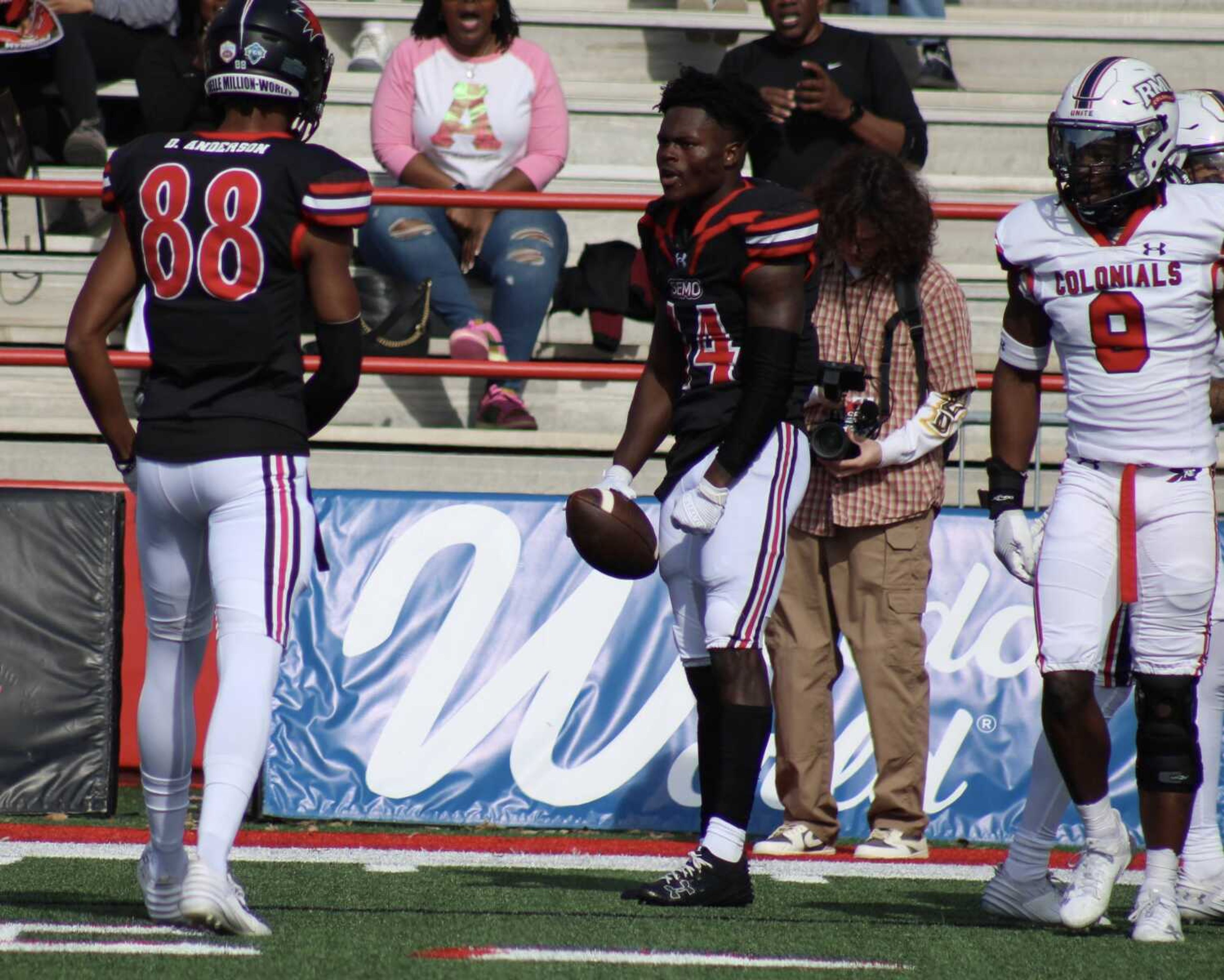 SEMO senior wide receiver Dalyn McDonald (14) celebrates after making a 32-yard contested catch against the Robert Morris Colonials at Houck Stadium on Nov. 4. The catch was McDonald's longest of the season.