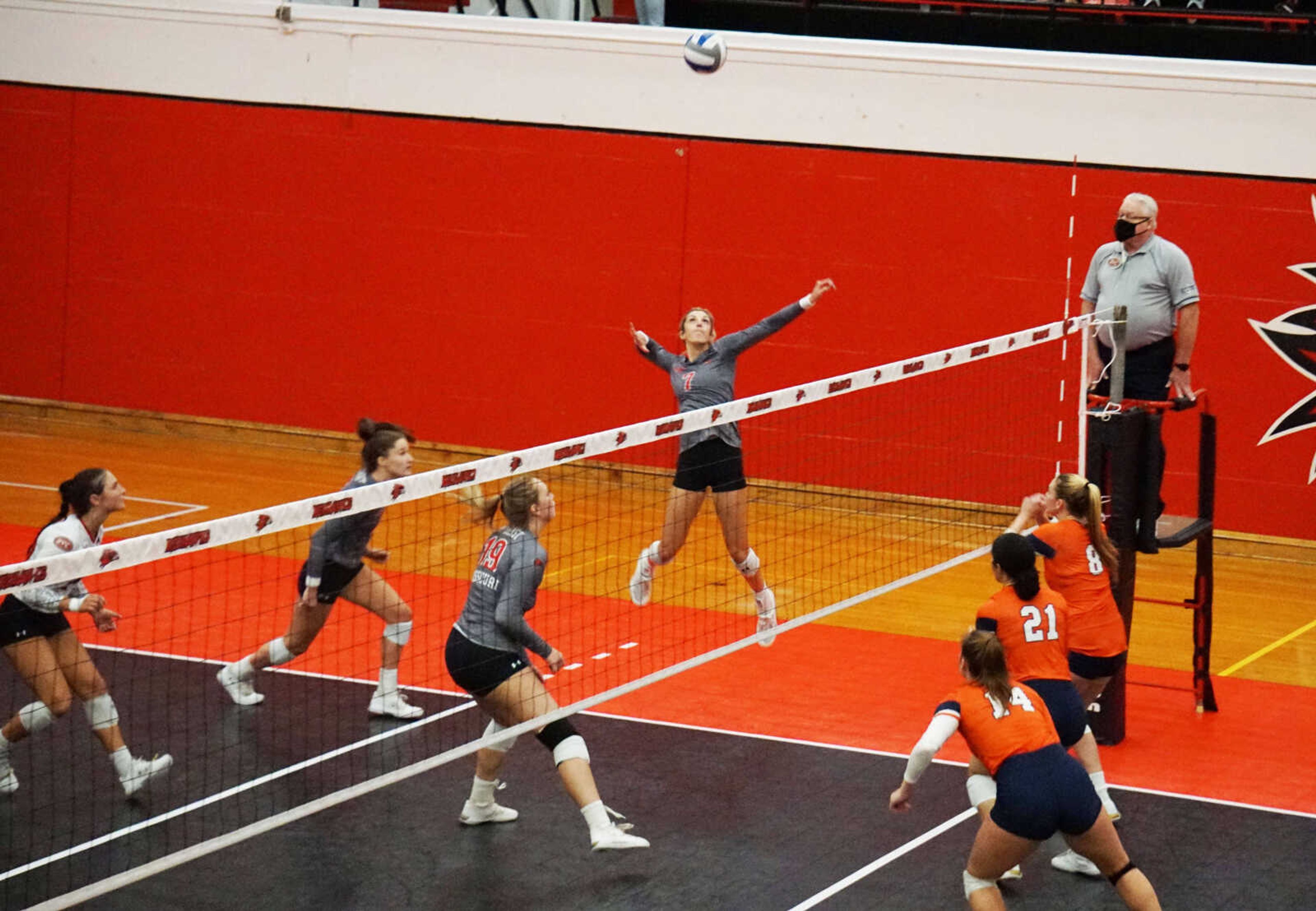 Senior outside hitter Laney Malloy goes up for a kill during Southeast's five set loss to UT Martin on Sept. 29 at Houck Field House in Cape Girardeau.