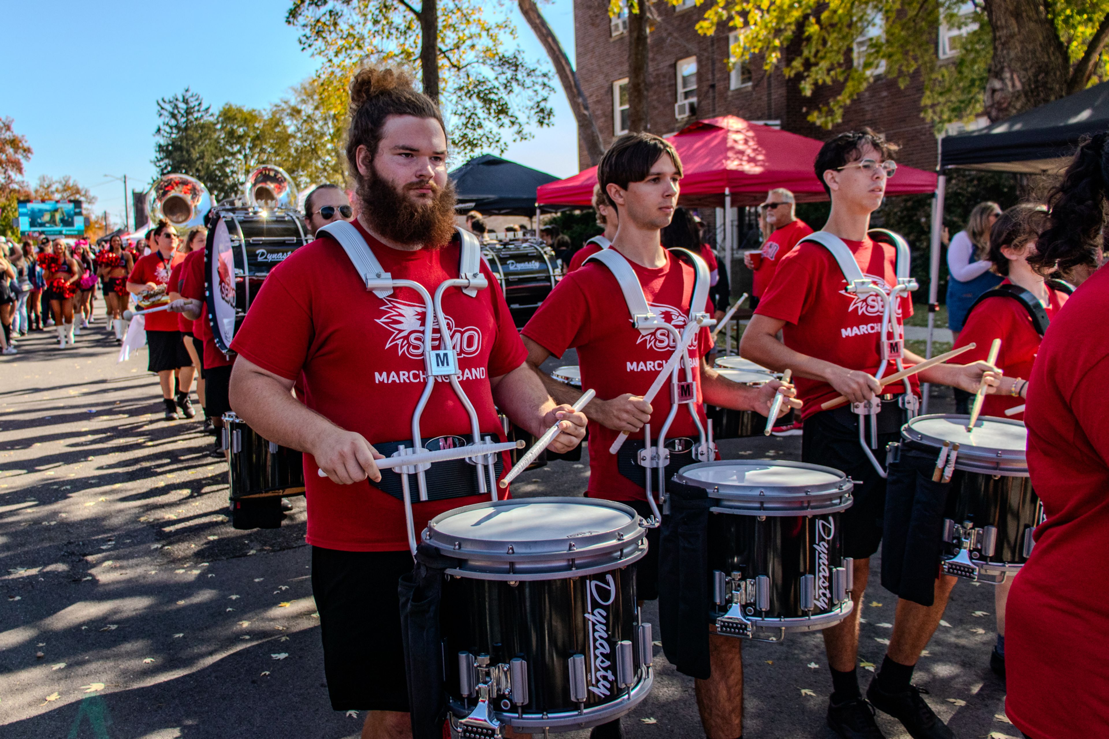 The SEMO Marching Band performs at the Alumni Association Tailgate before the Homecoming game. 