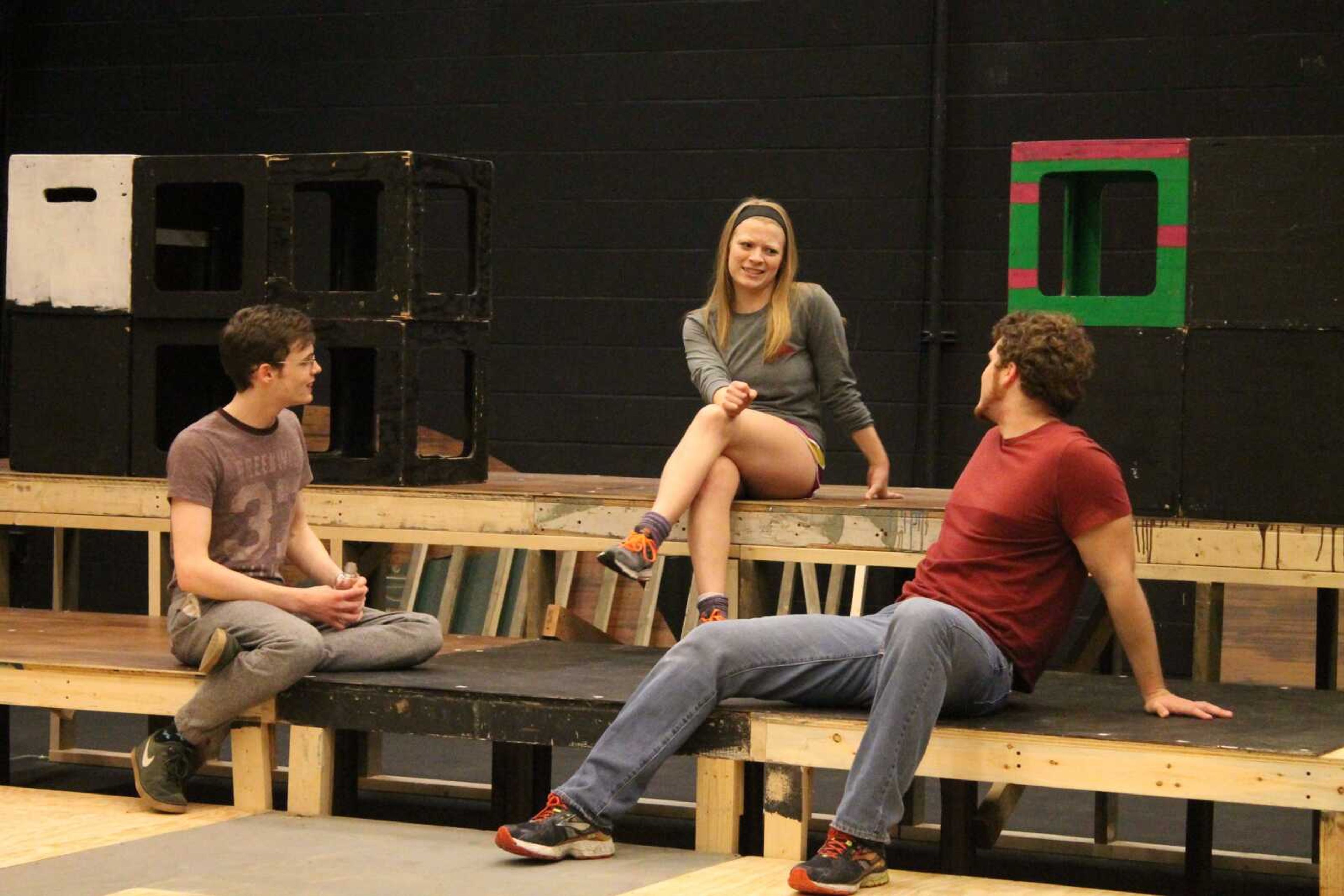 Matt Taylor, Julia Slomski and Sean McCumber rehearse a scene in preparation for the opening night of 'The Diviners' on March 23. Photo by Rebecca Gangemella
