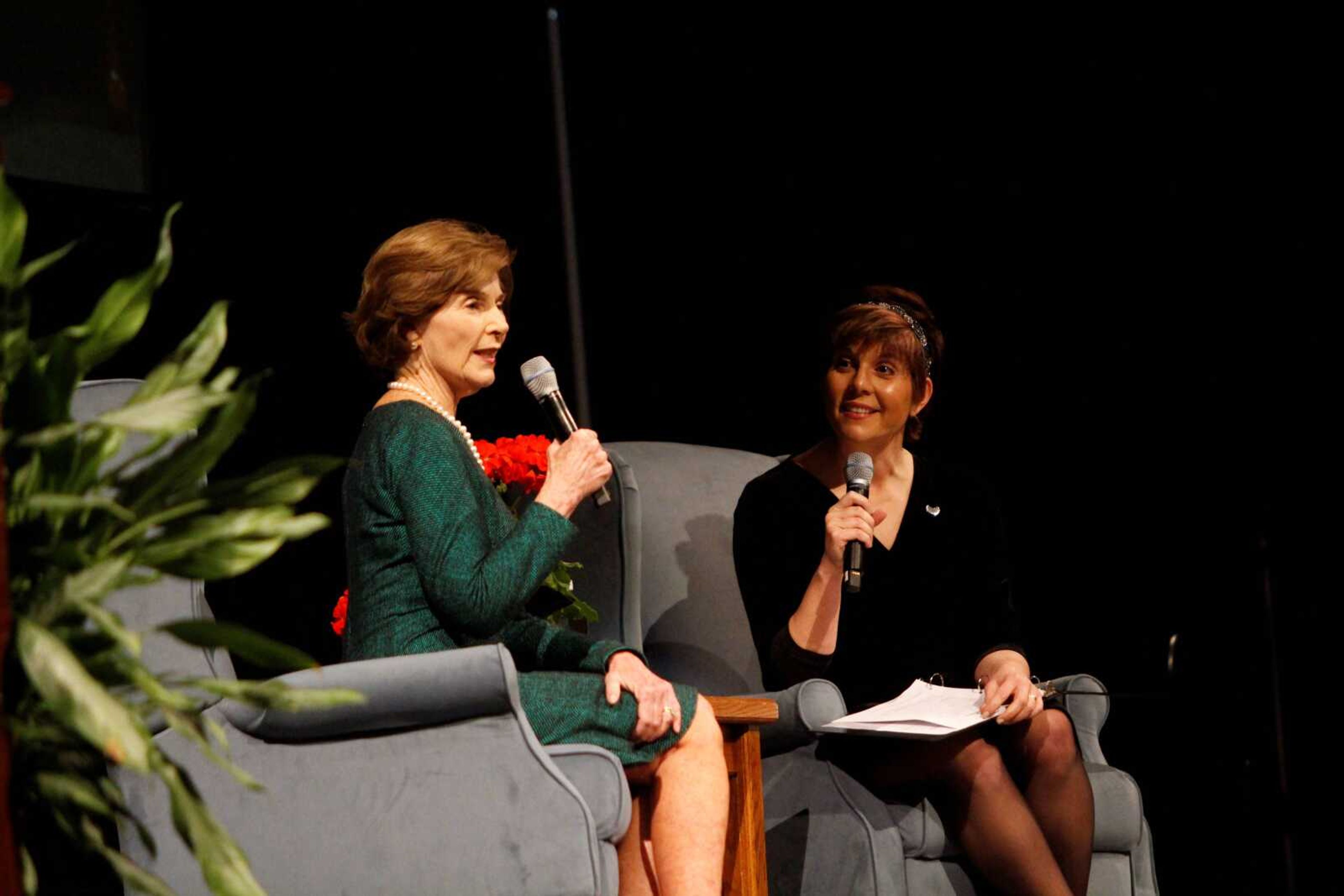 During a Q&A, Laura Bush answers a question at the “Evening with Laura Bush” event on Feb. 21 in the Show Me Center.