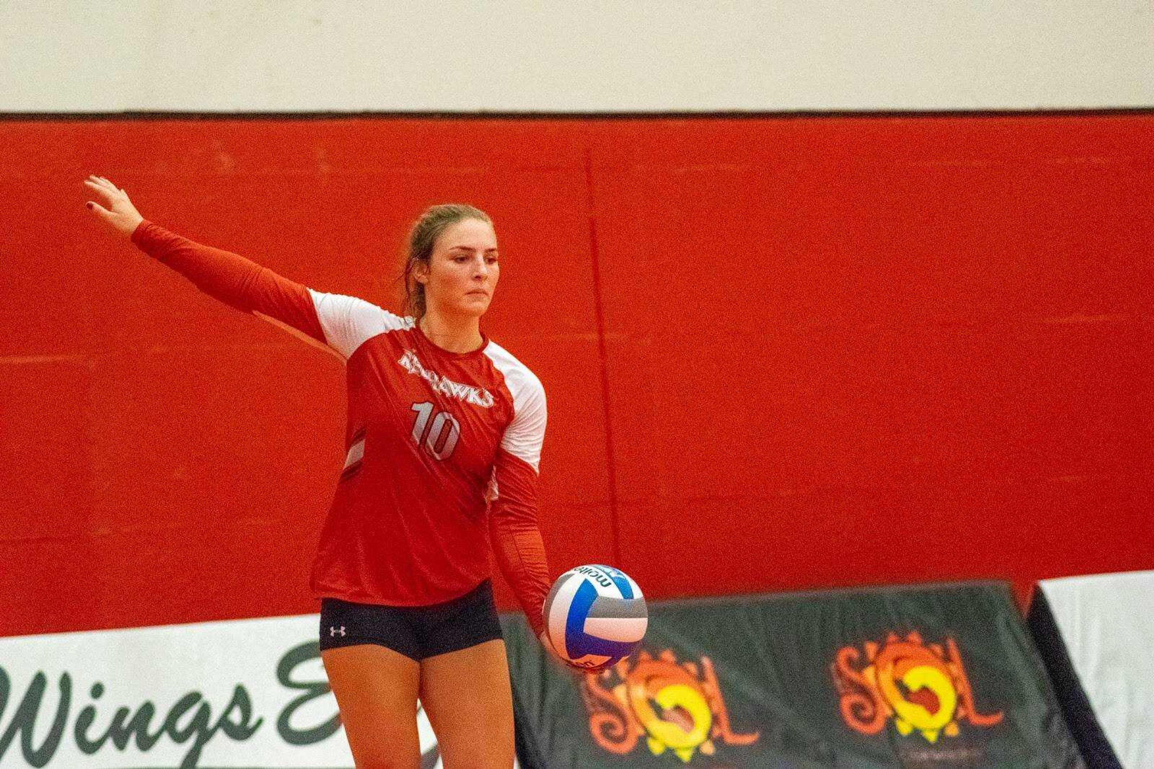 Freshman Tara Beilsmith serves in a match against the University of Tennessee-Martin in the Redhawks Ohio Valley Conference home opener at Houck Field House, Sept. 24.