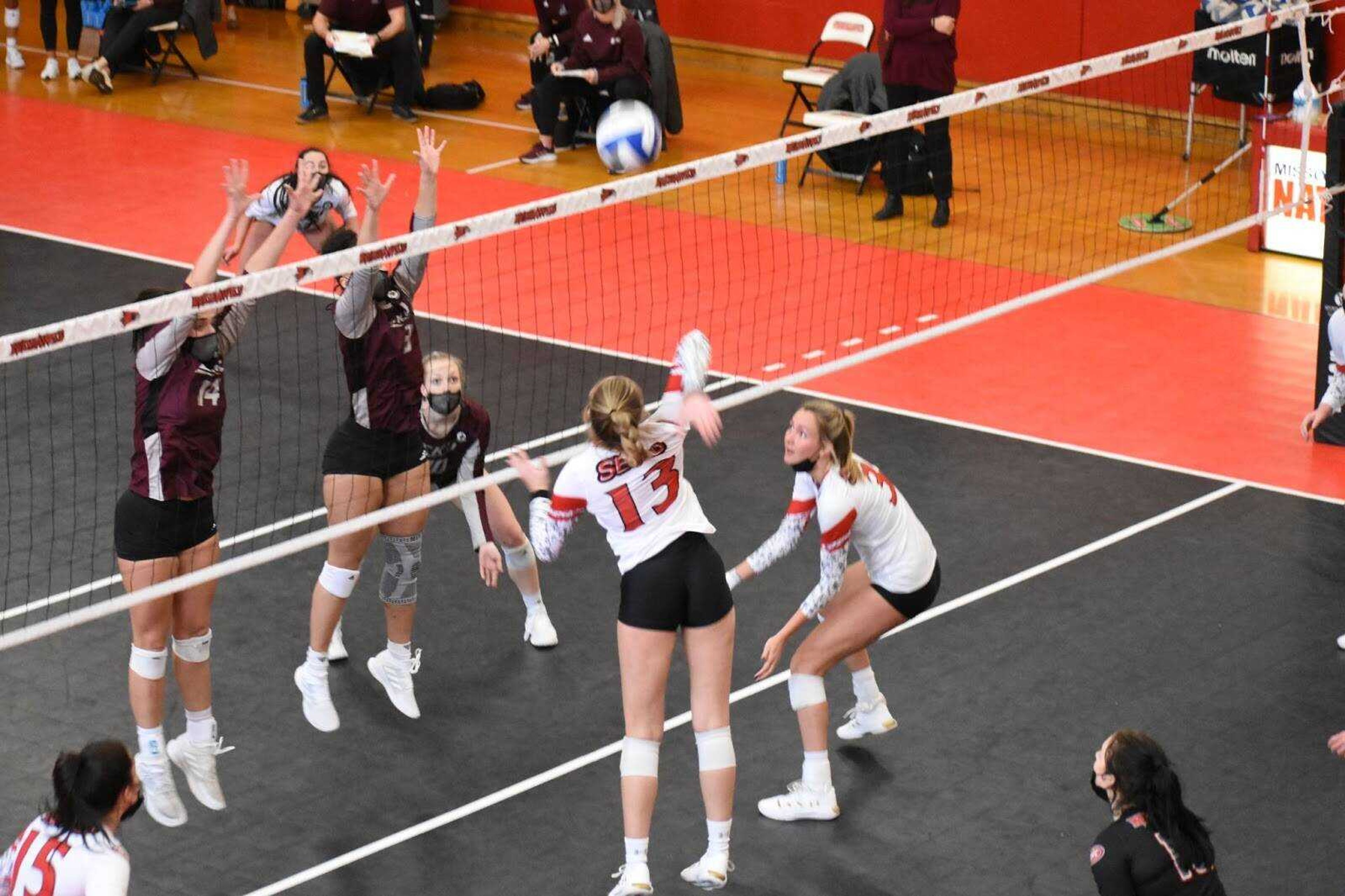 Freshman outside hitter Kayla Closset attacks the ball during a pair of four-set wins for Southeast over EKU on Feb. 14 at Houck Field House in Cape Girardeau.